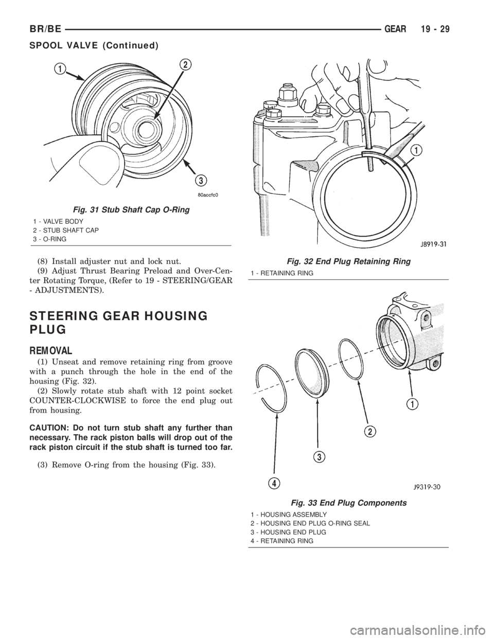 DODGE RAM 2002 Service Repair Manual (8) Install adjuster nut and lock nut.
(9) Adjust Thrust Bearing Preload and Over-Cen-
ter Rotating Torque, (Refer to 19 - STEERING/GEAR
- ADJUSTMENTS).
STEERING GEAR HOUSING
PLUG
REMOVAL
(1) Unseat a DODGE RAM 2002 Service Repair Manual (8) Install adjuster nut and lock nut.
(9) Adjust Thrust Bearing Preload and Over-Cen-
ter Rotating Torque, (Refer to 19 - STEERING/GEAR
- ADJUSTMENTS).
STEERING GEAR HOUSING
PLUG
REMOVAL
(1) Unseat a