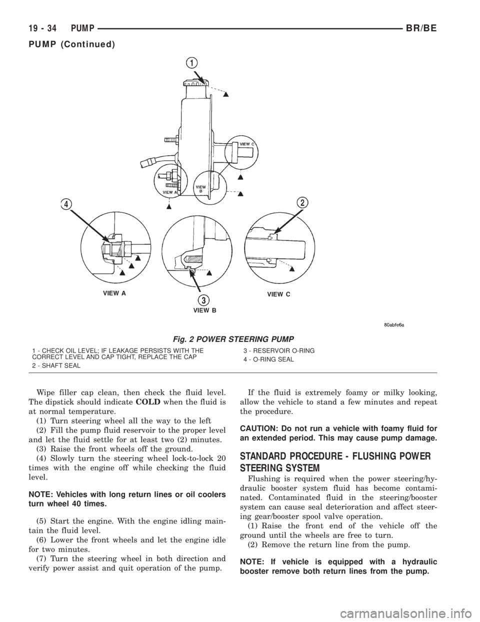 DODGE RAM 2002 Service Repair Manual Wipe filler cap clean, then check the fluid level.
The dipstick should indicateCOLDwhen the fluid is
at normal temperature.
(1) Turn steering wheel all the way to the left
(2) Fill the pump fluid rese DODGE RAM 2002 Service Repair Manual Wipe filler cap clean, then check the fluid level.
The dipstick should indicateCOLDwhen the fluid is
at normal temperature.
(1) Turn steering wheel all the way to the left
(2) Fill the pump fluid rese
