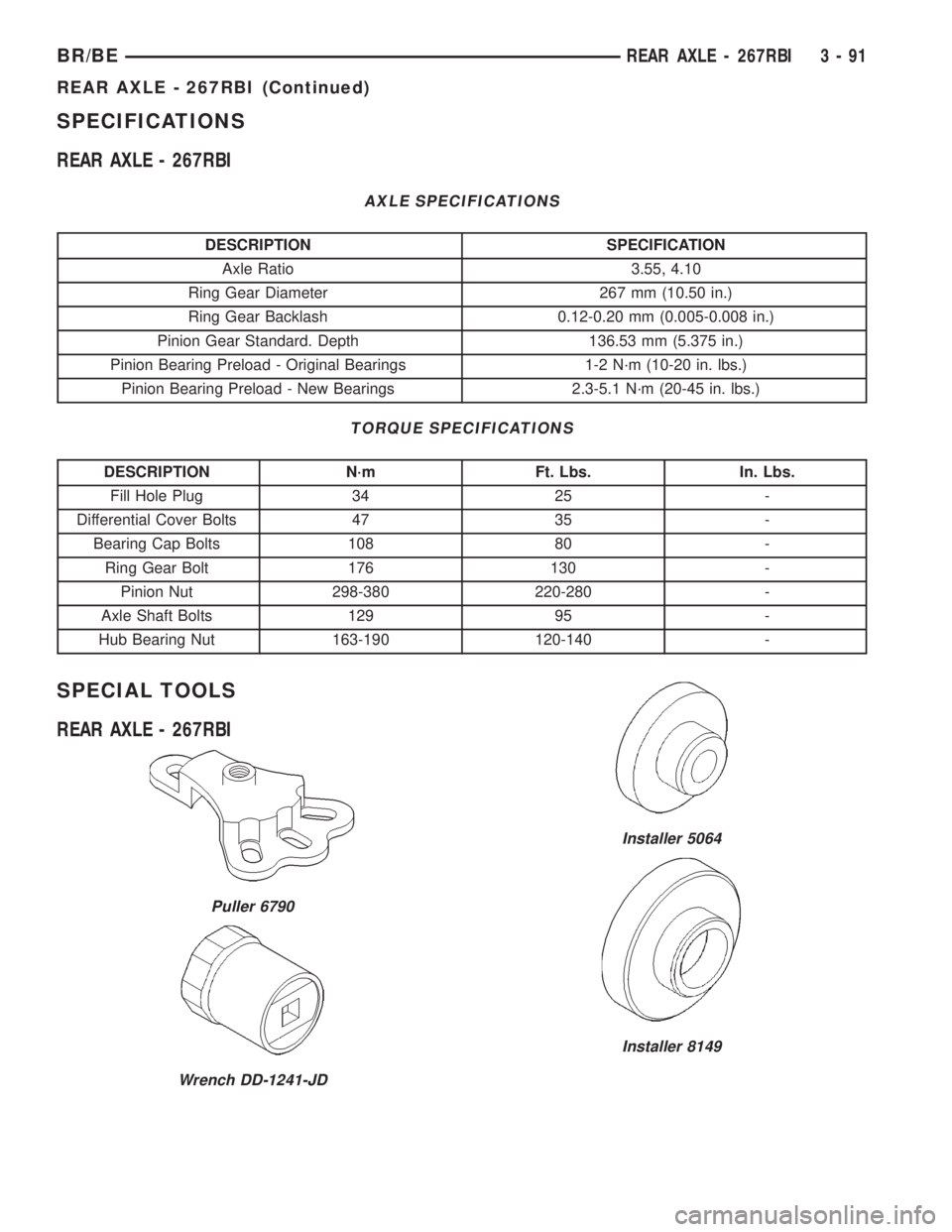 DODGE RAM 2002 Service Repair Manual SPECIFICATIONS
REAR AXLE - 267RBI
AXLE SPECIFICATIONS
DESCRIPTION SPECIFICATION
Axle Ratio 3.55, 4.10
Ring Gear Diameter 267 mm (10.50 in.)
Ring Gear Backlash 0.12-0.20 mm (0.005-0.008 in.)
Pinion Gea DODGE RAM 2002 Service Repair Manual SPECIFICATIONS
REAR AXLE - 267RBI
AXLE SPECIFICATIONS
DESCRIPTION SPECIFICATION
Axle Ratio 3.55, 4.10
Ring Gear Diameter 267 mm (10.50 in.)
Ring Gear Backlash 0.12-0.20 mm (0.005-0.008 in.)
Pinion Gea