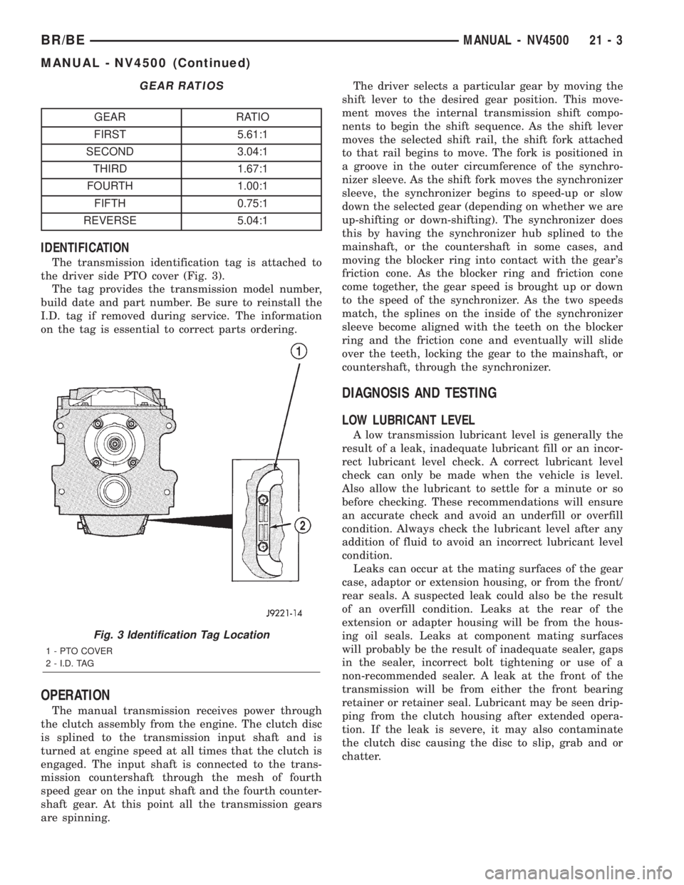DODGE RAM 2002 Service Repair Manual GEAR RATIOS
GEAR RATIO
FIRST 5.61:1
SECOND 3.04:1
THIRD 1.67:1
FOURTH 1.00:1
FIFTH 0.75:1
REVERSE 5.04:1
IDENTIFICATION
The transmission identification tag is attached to
the driver side PTO cover (Fi DODGE RAM 2002 Service Repair Manual GEAR RATIOS
GEAR RATIO
FIRST 5.61:1
SECOND 3.04:1
THIRD 1.67:1
FOURTH 1.00:1
FIFTH 0.75:1
REVERSE 5.04:1
IDENTIFICATION
The transmission identification tag is attached to
the driver side PTO cover (Fi