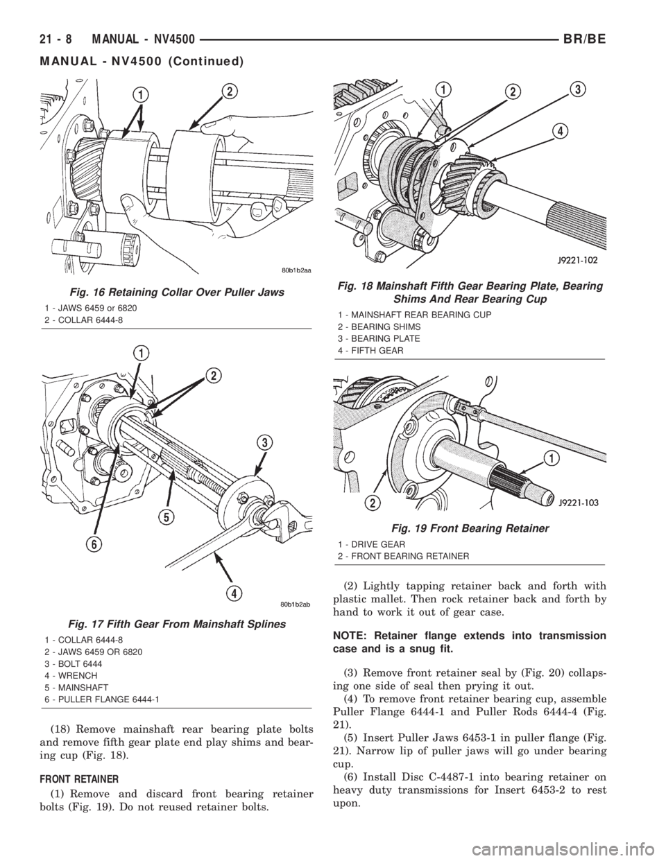 DODGE RAM 2002 Service Repair Manual (18) Remove mainshaft rear bearing plate bolts
and remove fifth gear plate end play shims and bear-
ing cup (Fig. 18).
FRONT RETAINER
(1) Remove and discard front bearing retainer
bolts (Fig. 19). Do DODGE RAM 2002 Service Repair Manual (18) Remove mainshaft rear bearing plate bolts
and remove fifth gear plate end play shims and bear-
ing cup (Fig. 18).
FRONT RETAINER
(1) Remove and discard front bearing retainer
bolts (Fig. 19). Do