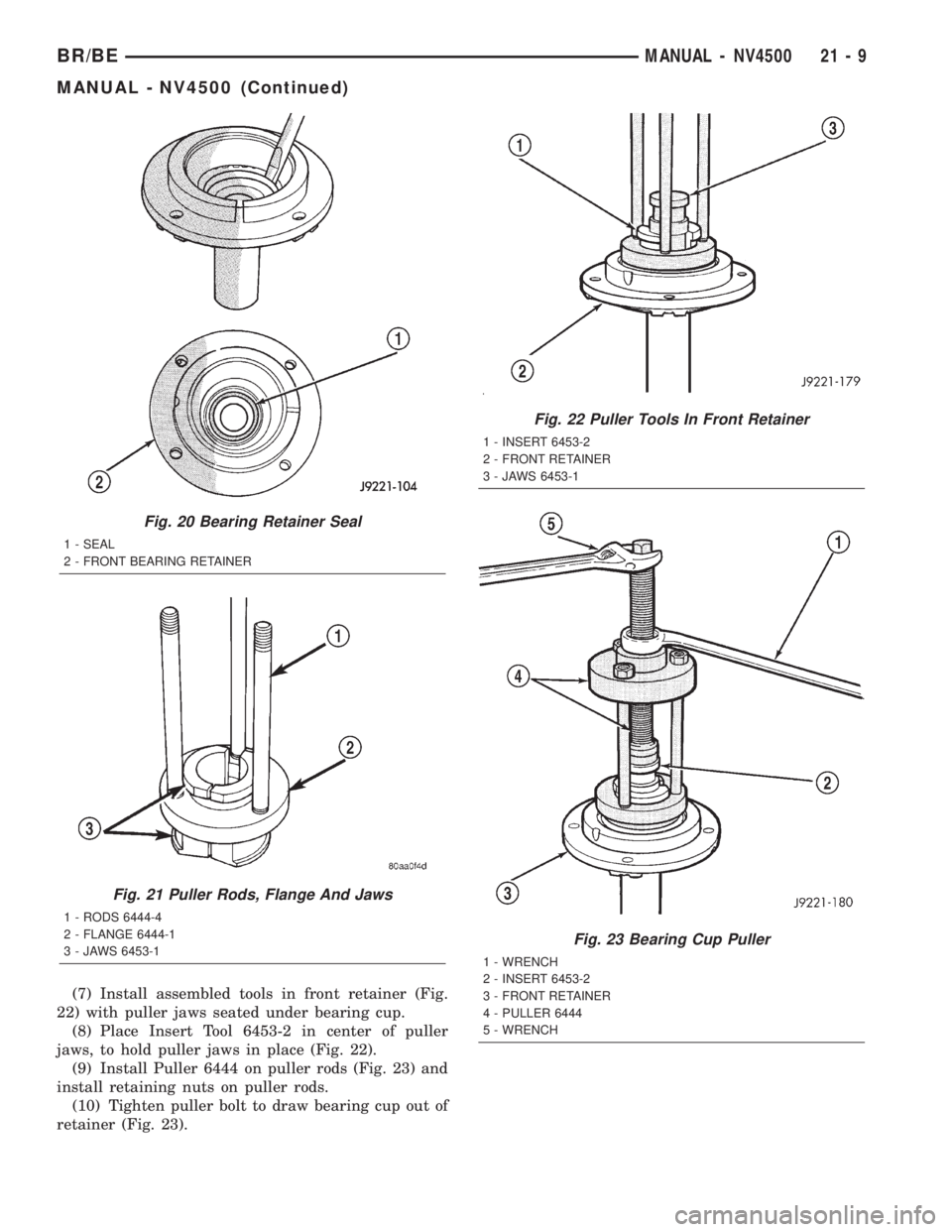 DODGE RAM 2002 Service Repair Manual (7) Install assembled tools in front retainer (Fig.
22) with puller jaws seated under bearing cup.
(8) Place Insert Tool 6453-2 in center of puller
jaws, to hold puller jaws in place (Fig. 22).
(9) In DODGE RAM 2002 Service Repair Manual (7) Install assembled tools in front retainer (Fig.
22) with puller jaws seated under bearing cup.
(8) Place Insert Tool 6453-2 in center of puller
jaws, to hold puller jaws in place (Fig. 22).
(9) In