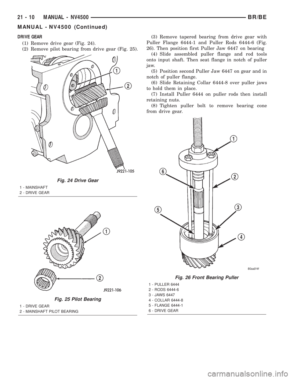 DODGE RAM 2002 Service Repair Manual DRIVE GEAR
(1) Remove drive gear (Fig. 24).
(2) Remove pilot bearing from drive gear (Fig. 25).(3) Remove tapered bearing from drive gear with
Puller Flange 6444-1 and Puller Rods 6444-6 (Fig.
26). Th DODGE RAM 2002 Service Repair Manual DRIVE GEAR
(1) Remove drive gear (Fig. 24).
(2) Remove pilot bearing from drive gear (Fig. 25).(3) Remove tapered bearing from drive gear with
Puller Flange 6444-1 and Puller Rods 6444-6 (Fig.
26). Th