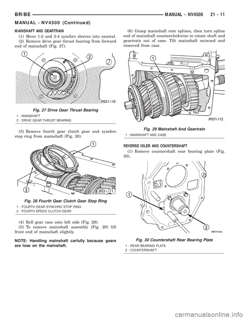 DODGE RAM 2002 Service Repair Manual MAINSHAFT AND GEARTRAIN
(1) Move 1-2 and 3-4 synchro sleeves into neutral.
(2) Remove drive gear thrust bearing from forward
end of mainshaft (Fig. 27).
(3) Remove fourth gear clutch gear and synchro
DODGE RAM 2002 Service Repair Manual MAINSHAFT AND GEARTRAIN
(1) Move 1-2 and 3-4 synchro sleeves into neutral.
(2) Remove drive gear thrust bearing from forward
end of mainshaft (Fig. 27).
(3) Remove fourth gear clutch gear and synchro