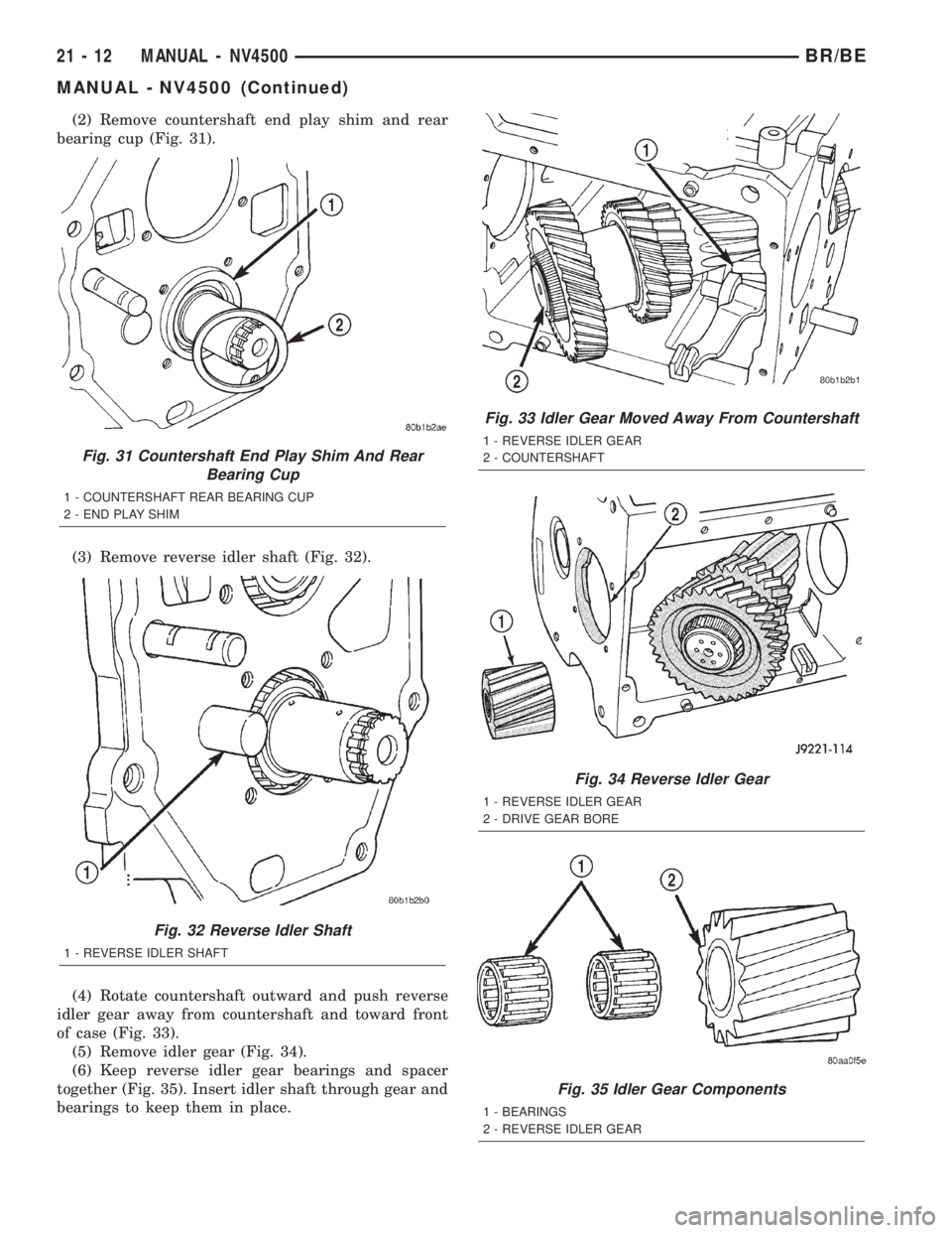 DODGE RAM 2002 Service Repair Manual (2) Remove countershaft end play shim and rear
bearing cup (Fig. 31).
(3) Remove reverse idler shaft (Fig. 32).
(4) Rotate countershaft outward and push reverse
idler gear away from countershaft and t DODGE RAM 2002 Service Repair Manual (2) Remove countershaft end play shim and rear
bearing cup (Fig. 31).
(3) Remove reverse idler shaft (Fig. 32).
(4) Rotate countershaft outward and push reverse
idler gear away from countershaft and t