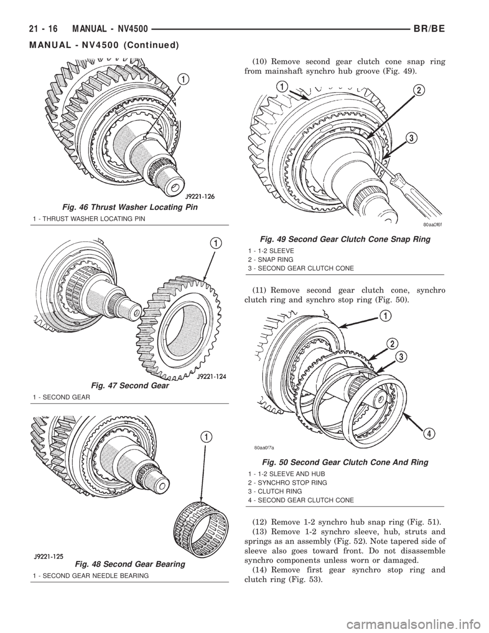 DODGE RAM 2002 Service Repair Manual (10) Remove second gear clutch cone snap ring
from mainshaft synchro hub groove (Fig. 49).
(11) Remove second gear clutch cone, synchro
clutch ring and synchro stop ring (Fig. 50).
(12) Remove 1-2 syn DODGE RAM 2002 Service Repair Manual (10) Remove second gear clutch cone snap ring
from mainshaft synchro hub groove (Fig. 49).
(11) Remove second gear clutch cone, synchro
clutch ring and synchro stop ring (Fig. 50).
(12) Remove 1-2 syn