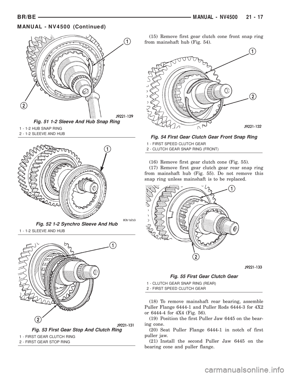 DODGE RAM 2002 Service Repair Manual (15) Remove first gear clutch cone front snap ring
from mainshaft hub (Fig. 54).
(16) Remove first gear clutch cone (Fig. 55).
(17) Remove first gear clutch gear rear snap ring
from mainshaft hub (Fig DODGE RAM 2002 Service Repair Manual (15) Remove first gear clutch cone front snap ring
from mainshaft hub (Fig. 54).
(16) Remove first gear clutch cone (Fig. 55).
(17) Remove first gear clutch gear rear snap ring
from mainshaft hub (Fig