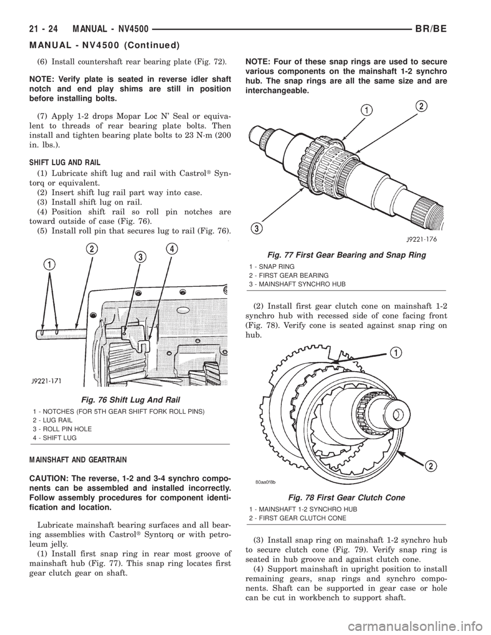 DODGE RAM 2002 Service Repair Manual (6)Install countershaft rear bearing plate (Fig. 72).
NOTE: Verify plate is seated in reverse idler shaft
notch and end play shims are still in position
before installing bolts.
(7) Apply 1-2 drops Mo DODGE RAM 2002 Service Repair Manual (6)Install countershaft rear bearing plate (Fig. 72).
NOTE: Verify plate is seated in reverse idler shaft
notch and end play shims are still in position
before installing bolts.
(7) Apply 1-2 drops Mo