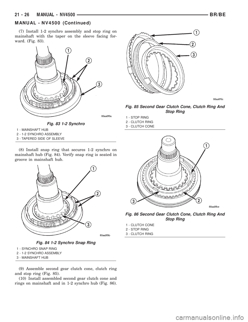 DODGE RAM 2002 Service Repair Manual (7) Install 1-2 synchro assembly and stop ring on
mainshaft with the taper on the sleeve facing for-
ward. (Fig. 83).
(8) Install snap ring that secures 1-2 synchro on
mainshaft hub (Fig. 84). Verify DODGE RAM 2002 Service Repair Manual (7) Install 1-2 synchro assembly and stop ring on
mainshaft with the taper on the sleeve facing for-
ward. (Fig. 83).
(8) Install snap ring that secures 1-2 synchro on
mainshaft hub (Fig. 84). Verify