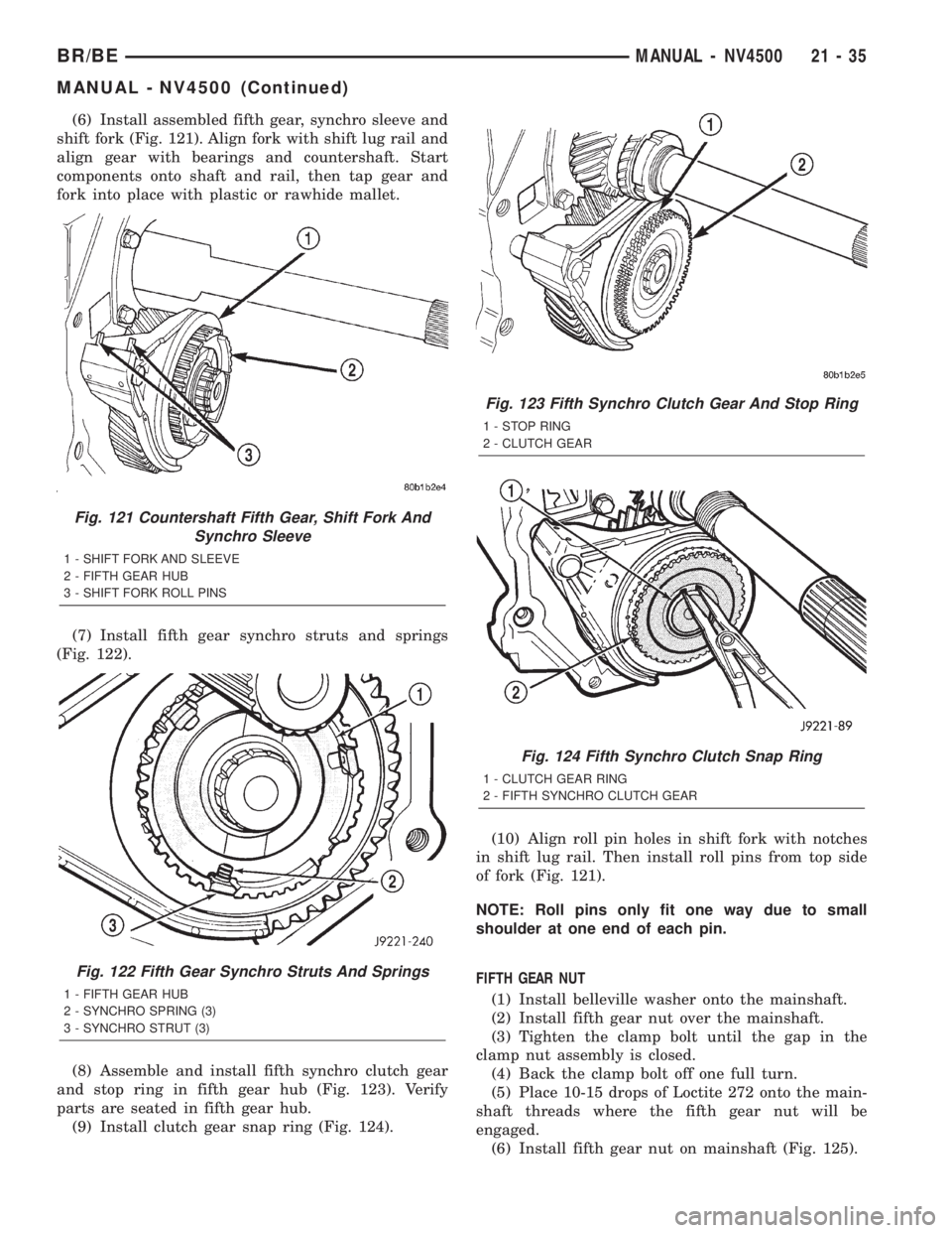 DODGE RAM 2002 Service Repair Manual (6) Install assembled fifth gear, synchro sleeve and
shift fork (Fig. 121). Align fork with shift lug rail and
align gear with bearings and countershaft. Start
components onto shaft and rail, then tap DODGE RAM 2002 Service Repair Manual (6) Install assembled fifth gear, synchro sleeve and
shift fork (Fig. 121). Align fork with shift lug rail and
align gear with bearings and countershaft. Start
components onto shaft and rail, then tap