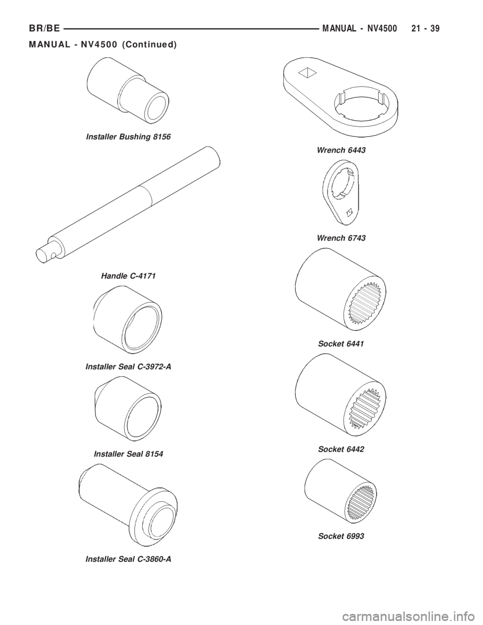 DODGE RAM 2002 Service Repair Manual Installer Bushing 8156
Handle C-4171
Installer Seal C-3972-A
Installer Seal 8154
Installer Seal C-3860-A
Wrench 6443
Wrench 6743
Socket 6441
Socket 6442
Socket 6993
BR/BEMANUAL - NV4500 21 - 39
MANUAL DODGE RAM 2002 Service Repair Manual Installer Bushing 8156
Handle C-4171
Installer Seal C-3972-A
Installer Seal 8154
Installer Seal C-3860-A
Wrench 6443
Wrench 6743
Socket 6441
Socket 6442
Socket 6993
BR/BEMANUAL - NV4500 21 - 39
MANUAL