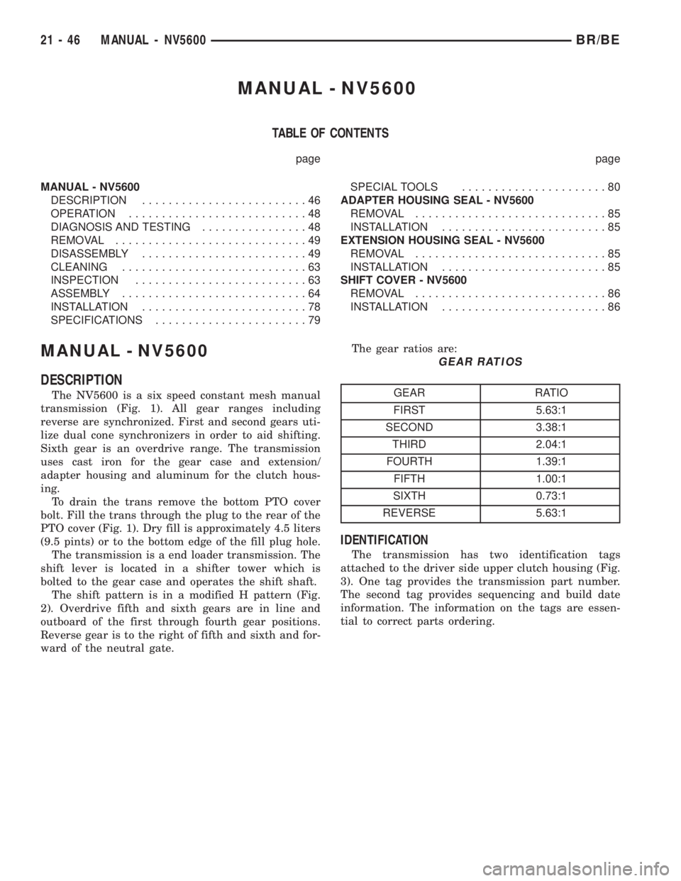 DODGE RAM 2002 Service Owners Guide MANUAL - NV5600
TABLE OF CONTENTS
page page
MANUAL - NV5600
DESCRIPTION.........................46
OPERATION...........................48
DIAGNOSIS AND TESTING................48
REMOVAL............... DODGE RAM 2002 Service Owners Guide MANUAL - NV5600
TABLE OF CONTENTS
page page
MANUAL - NV5600
DESCRIPTION.........................46
OPERATION...........................48
DIAGNOSIS AND TESTING................48
REMOVAL...............