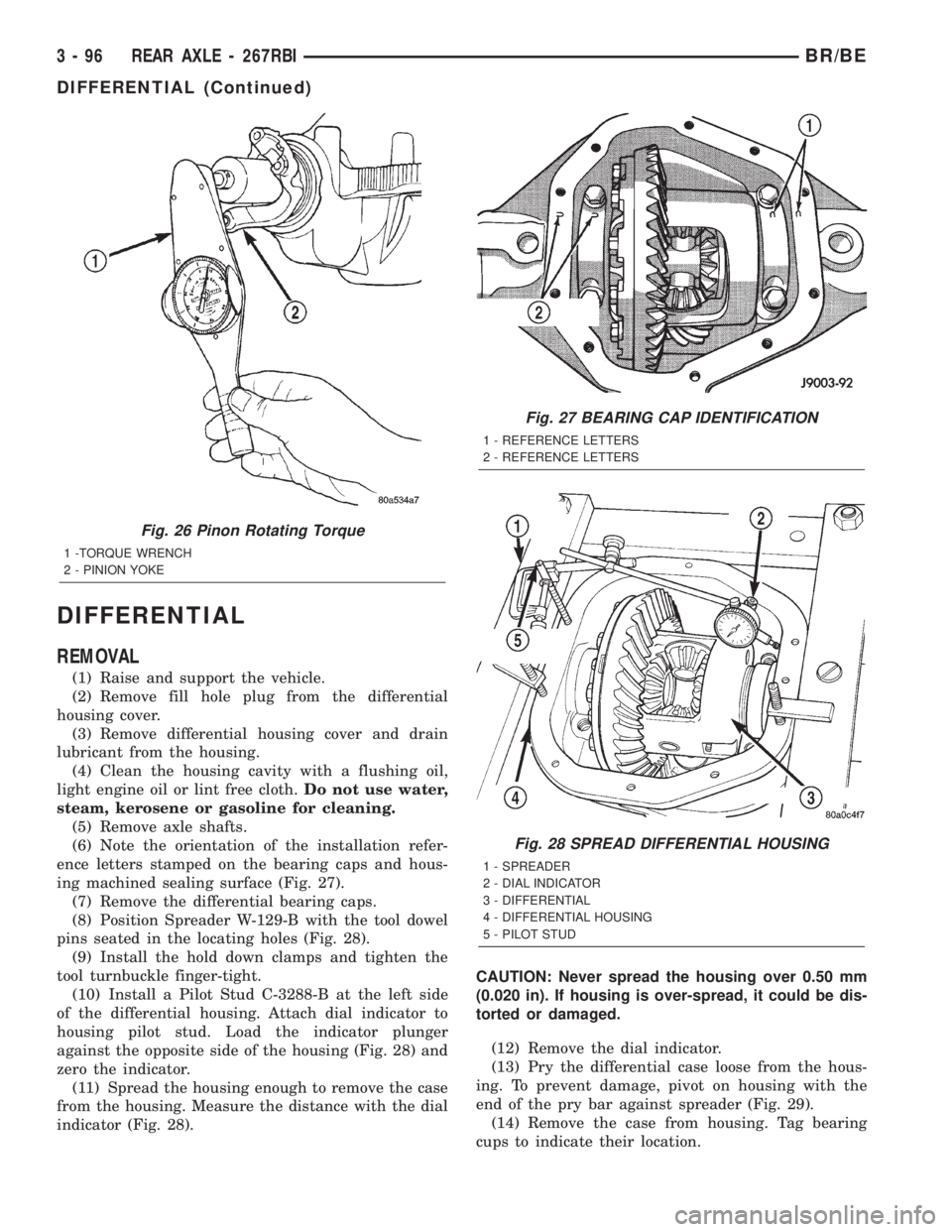 DODGE RAM 2002 Service Repair Manual DIFFERENTIAL
REMOVAL
(1) Raise and support the vehicle.
(2) Remove fill hole plug from the differential
housing cover.
(3) Remove differential housing cover and drain
lubricant from the housing.
(4) C DODGE RAM 2002 Service Repair Manual DIFFERENTIAL
REMOVAL
(1) Raise and support the vehicle.
(2) Remove fill hole plug from the differential
housing cover.
(3) Remove differential housing cover and drain
lubricant from the housing.
(4) C