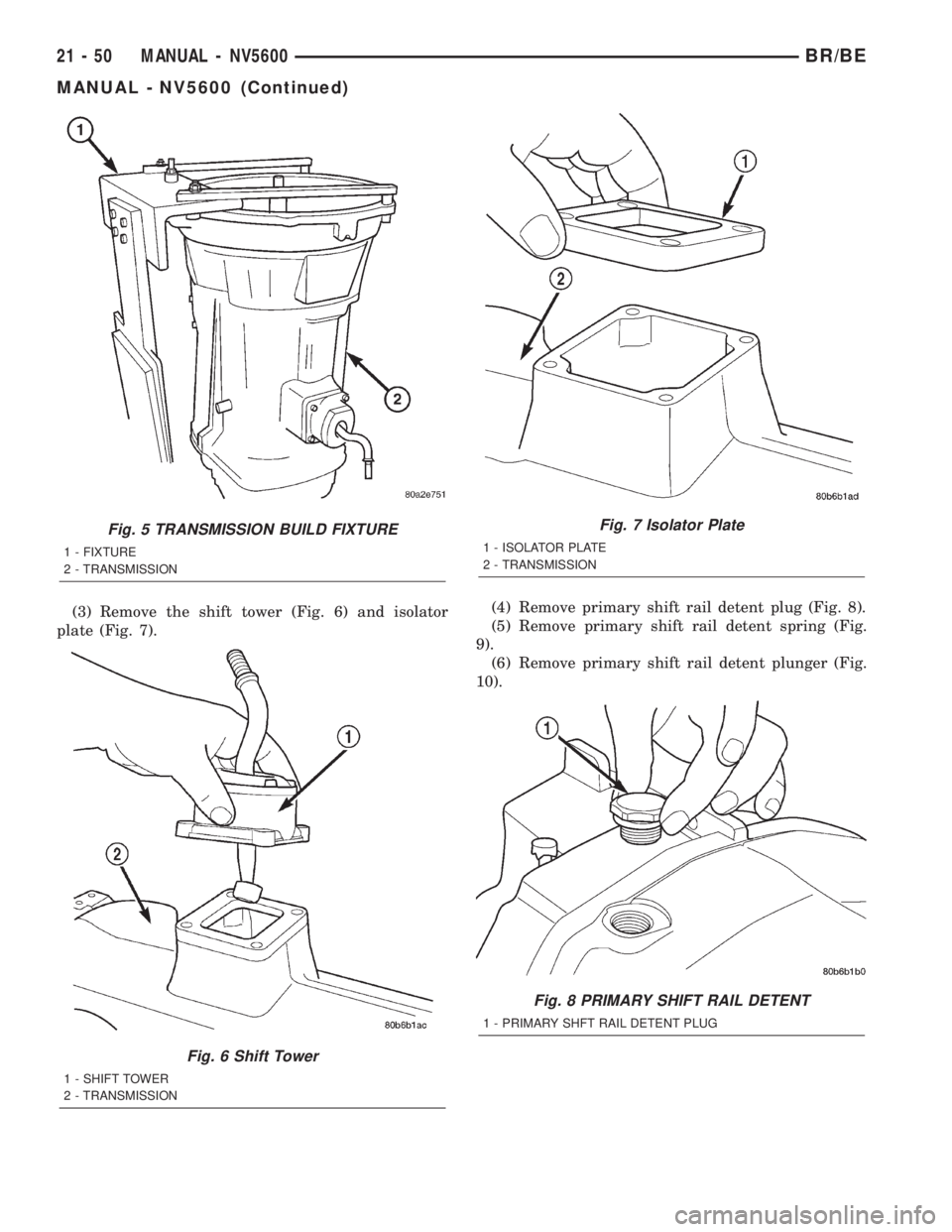 DODGE RAM 2002 Service Repair Manual (3) Remove the shift tower (Fig. 6) and isolator
plate (Fig. 7).(4) Remove primary shift rail detent plug (Fig. 8).
(5) Remove primary shift rail detent spring (Fig.
9).
(6) Remove primary shift rail DODGE RAM 2002 Service Repair Manual (3) Remove the shift tower (Fig. 6) and isolator
plate (Fig. 7).(4) Remove primary shift rail detent plug (Fig. 8).
(5) Remove primary shift rail detent spring (Fig.
9).
(6) Remove primary shift rail