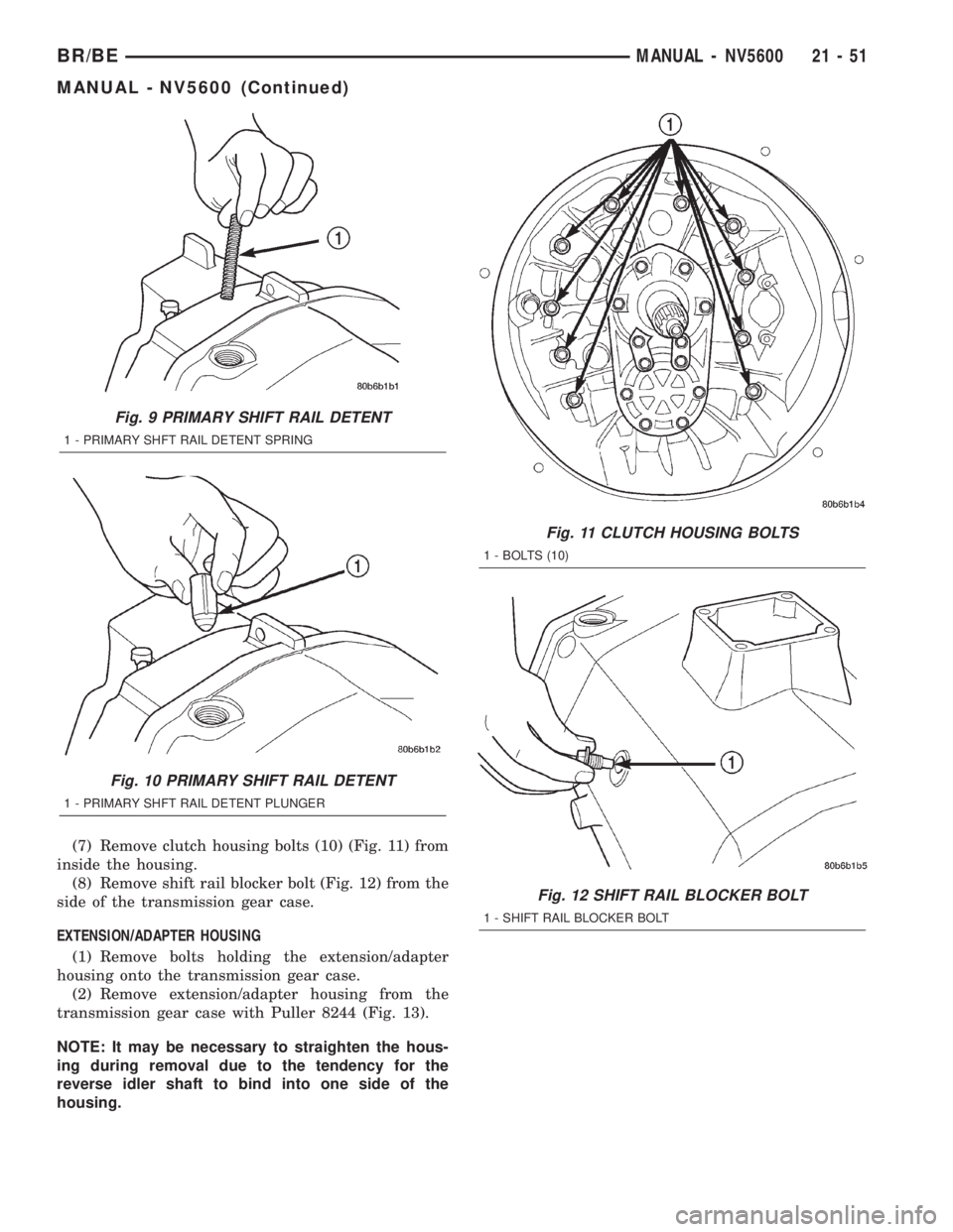 DODGE RAM 2002 Service Repair Manual (7) Remove clutch housing bolts (10) (Fig. 11) from
inside the housing.
(8) Remove shift rail blocker bolt (Fig. 12) from the
side of the transmission gear case.
EXTENSION/ADAPTER HOUSING
(1) Remove b DODGE RAM 2002 Service Repair Manual (7) Remove clutch housing bolts (10) (Fig. 11) from
inside the housing.
(8) Remove shift rail blocker bolt (Fig. 12) from the
side of the transmission gear case.
EXTENSION/ADAPTER HOUSING
(1) Remove b