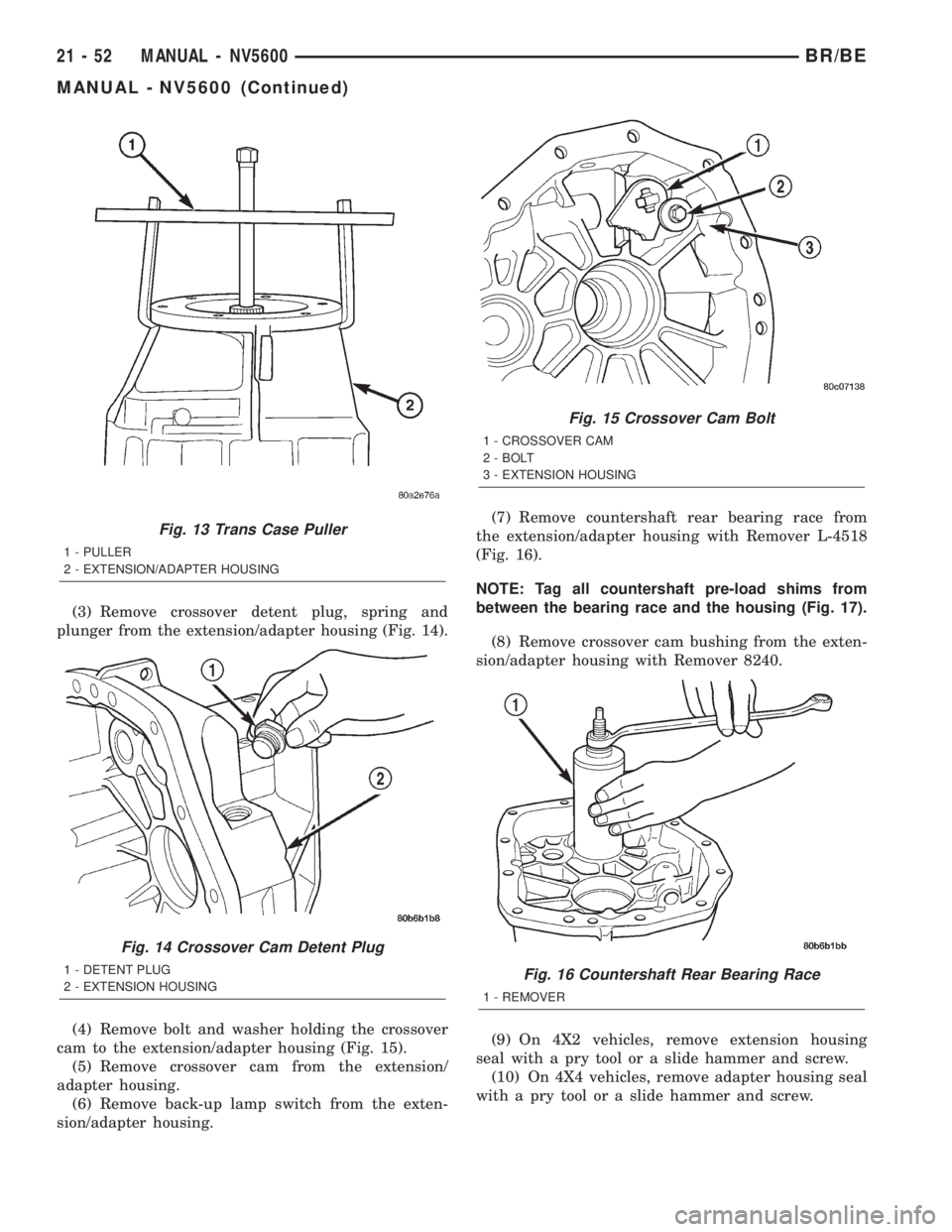 DODGE RAM 2002 Service Repair Manual (3) Remove crossover detent plug, spring and
plunger from the extension/adapter housing (Fig. 14).
(4) Remove bolt and washer holding the crossover
cam to the extension/adapter housing (Fig. 15).
(5) DODGE RAM 2002 Service Repair Manual (3) Remove crossover detent plug, spring and
plunger from the extension/adapter housing (Fig. 14).
(4) Remove bolt and washer holding the crossover
cam to the extension/adapter housing (Fig. 15).
(5)