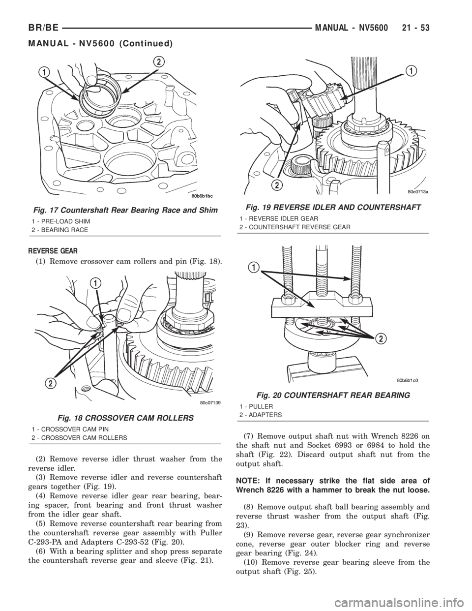 DODGE RAM 2002 Service Repair Manual REVERSE GEAR
(1) Remove crossover cam rollers and pin (Fig. 18).
(2) Remove reverse idler thrust washer from the
reverse idler.
(3) Remove reverse idler and reverse countershaft
gears together (Fig. 1 DODGE RAM 2002 Service Repair Manual REVERSE GEAR
(1) Remove crossover cam rollers and pin (Fig. 18).
(2) Remove reverse idler thrust washer from the
reverse idler.
(3) Remove reverse idler and reverse countershaft
gears together (Fig. 1