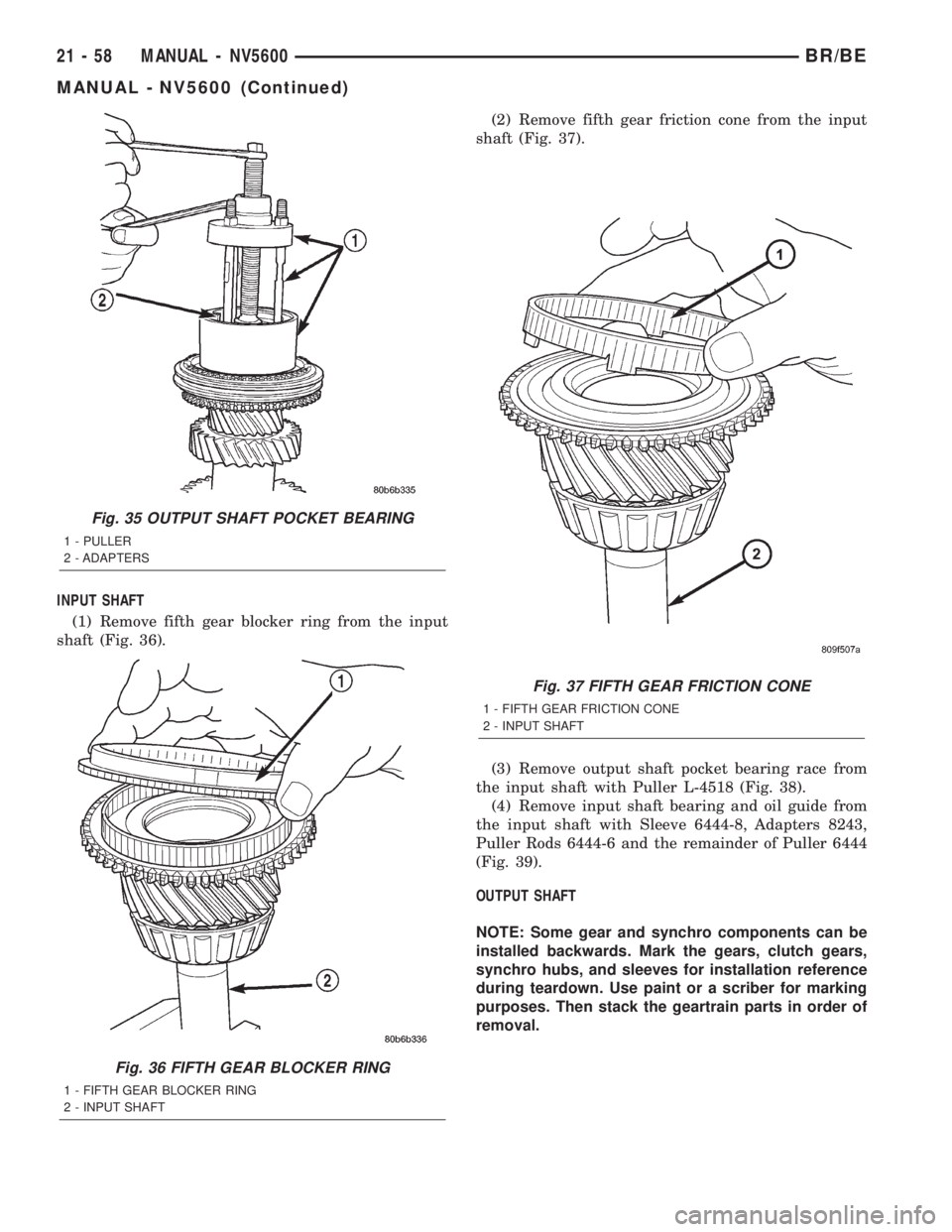 DODGE RAM 2002 Service Repair Manual INPUT SHAFT
(1) Remove fifth gear blocker ring from the input
shaft (Fig. 36).(2) Remove fifth gear friction cone from the input
shaft (Fig. 37).
(3) Remove output shaft pocket bearing race from
the i DODGE RAM 2002 Service Repair Manual INPUT SHAFT
(1) Remove fifth gear blocker ring from the input
shaft (Fig. 36).(2) Remove fifth gear friction cone from the input
shaft (Fig. 37).
(3) Remove output shaft pocket bearing race from
the i