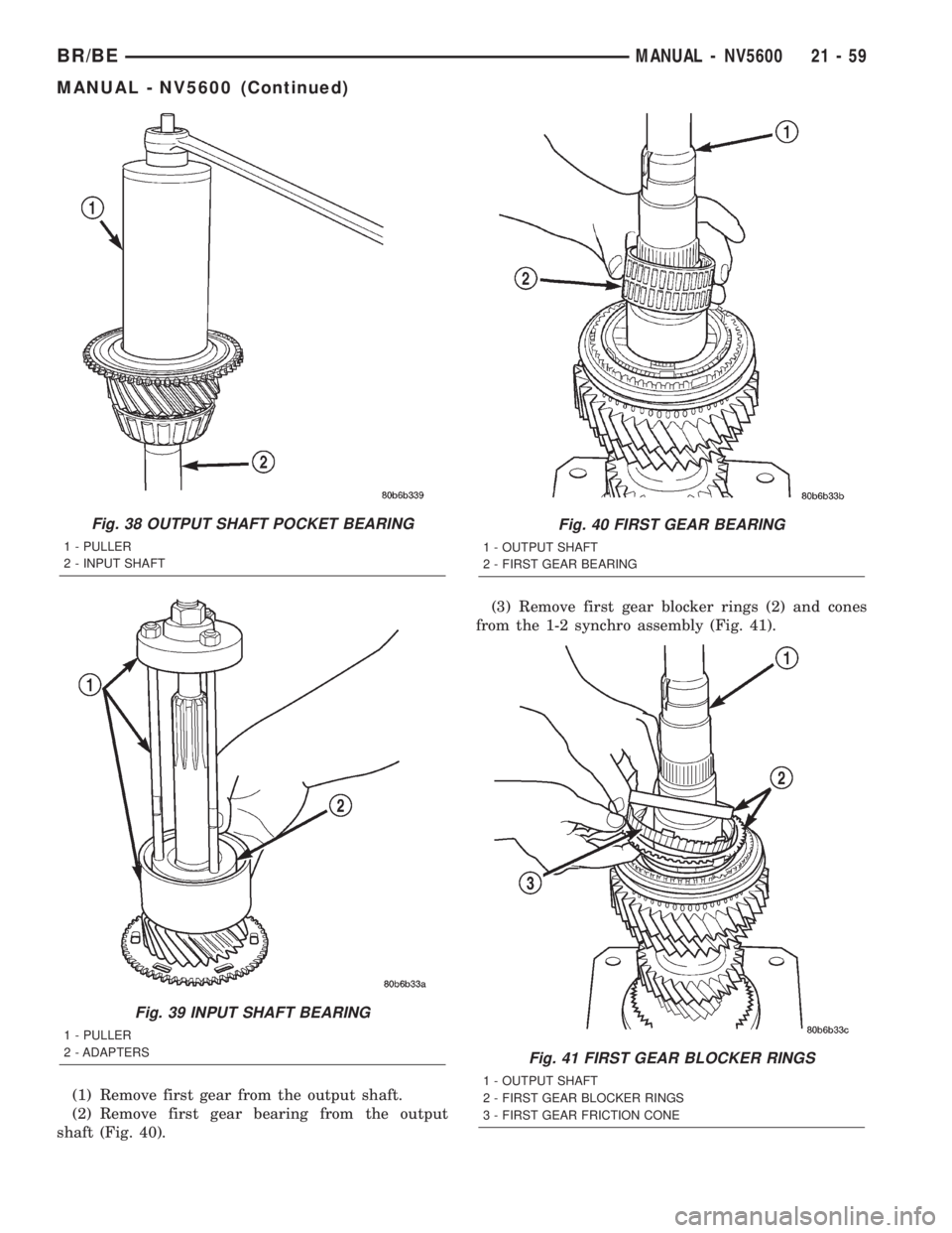 DODGE RAM 2002 Service Repair Manual (1) Remove first gear from the output shaft.
(2) Remove first gear bearing from the output
shaft (Fig. 40).(3) Remove first gear blocker rings (2) and cones
from the 1-2 synchro assembly (Fig. 41).
Fi DODGE RAM 2002 Service Repair Manual (1) Remove first gear from the output shaft.
(2) Remove first gear bearing from the output
shaft (Fig. 40).(3) Remove first gear blocker rings (2) and cones
from the 1-2 synchro assembly (Fig. 41).
Fi