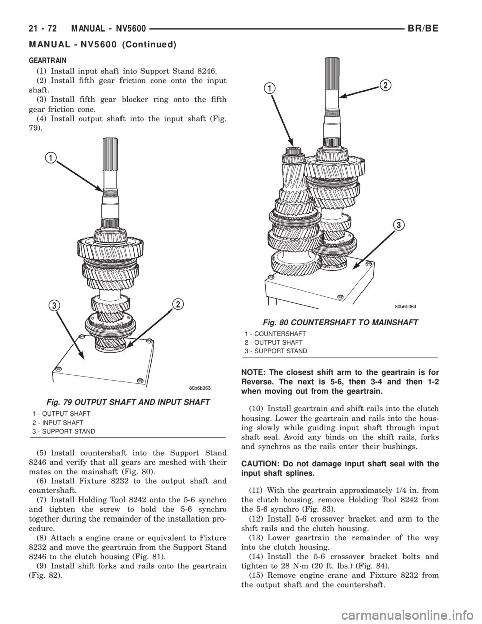 DODGE RAM 2002 Service Repair Manual GEARTRAIN
(1) Install input shaft into Support Stand 8246.
(2) Install fifth gear friction cone onto the input
shaft.
(3) Install fifth gear blocker ring onto the fifth
gear friction cone.
(4) Install DODGE RAM 2002 Service Repair Manual GEARTRAIN
(1) Install input shaft into Support Stand 8246.
(2) Install fifth gear friction cone onto the input
shaft.
(3) Install fifth gear blocker ring onto the fifth
gear friction cone.
(4) Install