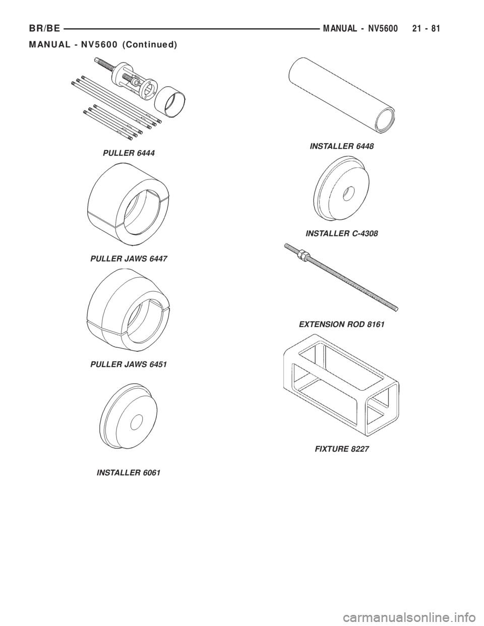 DODGE RAM 2002 Service Repair Manual PULLER 6444
PULLER JAWS 6447
PULLER JAWS 6451
INSTALLER 6061
INSTALLER 6448
INSTALLER C-4308
EXTENSION ROD 8161
FIXTURE 8227
BR/BEMANUAL - NV5600 21 - 81
MANUAL - NV5600 (Continued) DODGE RAM 2002 Service Repair Manual PULLER 6444
PULLER JAWS 6447
PULLER JAWS 6451
INSTALLER 6061
INSTALLER 6448
INSTALLER C-4308
EXTENSION ROD 8161
FIXTURE 8227
BR/BEMANUAL - NV5600 21 - 81
MANUAL - NV5600 (Continued)