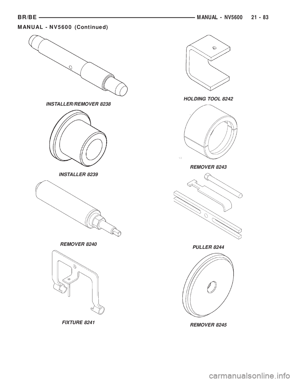 DODGE RAM 2002 Service Repair Manual INSTALLER/REMOVER 8238
INSTALLER 8239
REMOVER 8240
FIXTURE 8241
HOLDING TOOL 8242
REMOVER 8243
PULLER 8244
REMOVER 8245
BR/BEMANUAL - NV5600 21 - 83
MANUAL - NV5600 (Continued) DODGE RAM 2002 Service Repair Manual INSTALLER/REMOVER 8238
INSTALLER 8239
REMOVER 8240
FIXTURE 8241
HOLDING TOOL 8242
REMOVER 8243
PULLER 8244
REMOVER 8245
BR/BEMANUAL - NV5600 21 - 83
MANUAL - NV5600 (Continued)