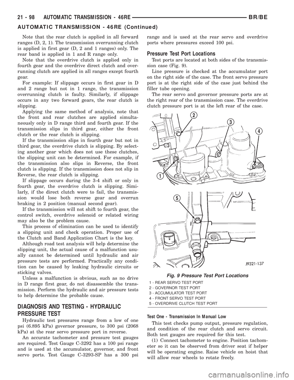 DODGE RAM 2002 Service Repair Manual Note that the rear clutch is applied in all forward
ranges (D, 2, 1). The transmission overrunning clutch
is applied in first gear (D, 2 and 1 ranges) only. The
rear band is applied in 1 and R range o DODGE RAM 2002 Service Repair Manual Note that the rear clutch is applied in all forward
ranges (D, 2, 1). The transmission overrunning clutch
is applied in first gear (D, 2 and 1 ranges) only. The
rear band is applied in 1 and R range o
