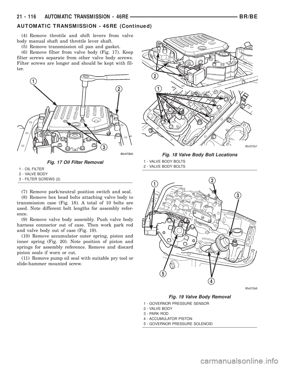 DODGE RAM 2002 Service Repair Manual (4) Remove throttle and shift levers from valve
body manual shaft and throttle lever shaft.
(5) Remove transmission oil pan and gasket.
(6) Remove filter from valve body (Fig. 17). Keep
filter screws DODGE RAM 2002 Service Repair Manual (4) Remove throttle and shift levers from valve
body manual shaft and throttle lever shaft.
(5) Remove transmission oil pan and gasket.
(6) Remove filter from valve body (Fig. 17). Keep
filter screws