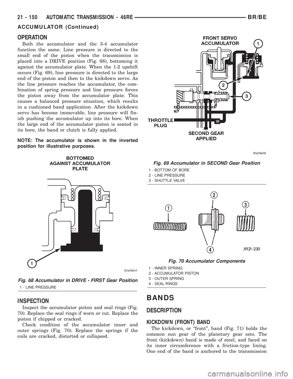 DODGE RAM 2002 Service Repair Manual OPERATION
Both the accumulator and the 3-4 accumulator
function the same. Line pressure is directed to the
small end of the piston when the transmission is
placed into a DRIVE position (Fig. 68), bott DODGE RAM 2002 Service Repair Manual OPERATION
Both the accumulator and the 3-4 accumulator
function the same. Line pressure is directed to the
small end of the piston when the transmission is
placed into a DRIVE position (Fig. 68), bott