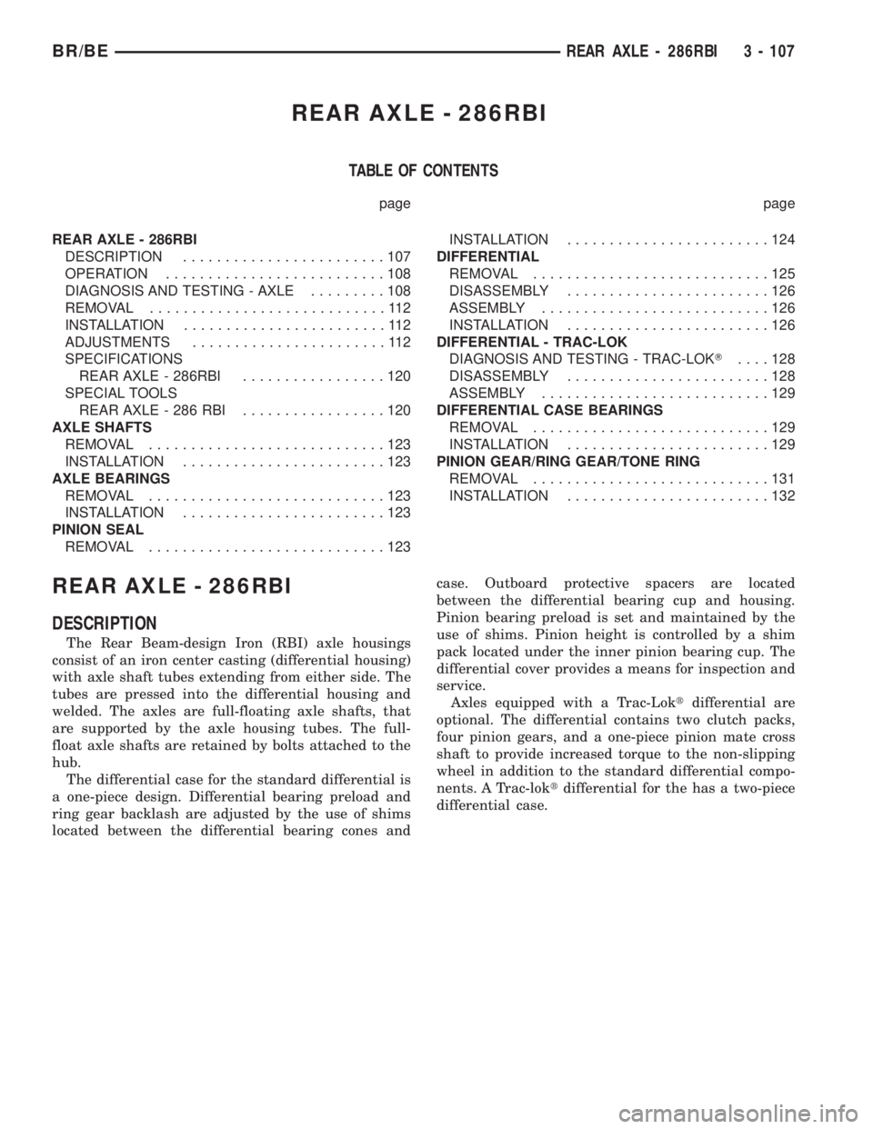 DODGE RAM 2002 Service Repair Manual REAR AXLE - 286RBI
TABLE OF CONTENTS
page page
REAR AXLE - 286RBI
DESCRIPTION........................107
OPERATION..........................108
DIAGNOSIS AND TESTING - AXLE.........108
REMOVAL........ DODGE RAM 2002 Service Repair Manual REAR AXLE - 286RBI
TABLE OF CONTENTS
page page
REAR AXLE - 286RBI
DESCRIPTION........................107
OPERATION..........................108
DIAGNOSIS AND TESTING - AXLE.........108
REMOVAL........