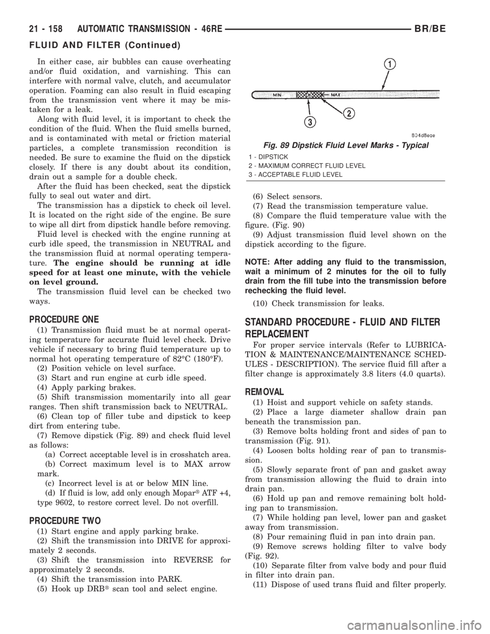 DODGE RAM 2002  Service Owners Guide In either case, air bubbles can cause overheating
and/or fluid oxidation, and varnishing. This can
interfere with normal valve, clutch, and accumulator
operation. Foaming can also result in fluid esca