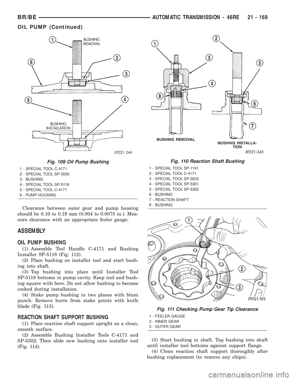 DODGE RAM 2002 Service Repair Manual Clearance between outer gear and pump housing
should be 0.10 to 0.19 mm (0.004 to 0.0075 in.). Mea-
sure clearance with an appropriate feeler gauge.
ASSEMBLY
OIL PUMP BUSHING
(1) Assemble Tool Handle DODGE RAM 2002 Service Repair Manual Clearance between outer gear and pump housing
should be 0.10 to 0.19 mm (0.004 to 0.0075 in.). Mea-
sure clearance with an appropriate feeler gauge.
ASSEMBLY
OIL PUMP BUSHING
(1) Assemble Tool Handle