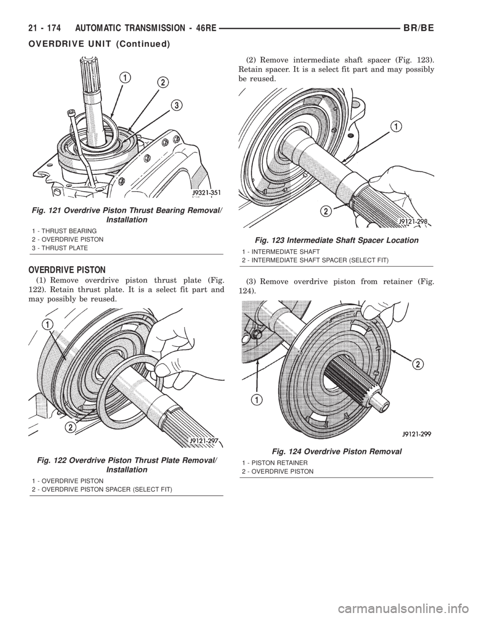 DODGE RAM 2002 Service Repair Manual OVERDRIVE PISTON
(1) Remove overdrive piston thrust plate (Fig.
122). Retain thrust plate. It is a select fit part and
may possibly be reused.(2) Remove intermediate shaft spacer (Fig. 123).
Retain sp DODGE RAM 2002 Service Repair Manual OVERDRIVE PISTON
(1) Remove overdrive piston thrust plate (Fig.
122). Retain thrust plate. It is a select fit part and
may possibly be reused.(2) Remove intermediate shaft spacer (Fig. 123).
Retain sp