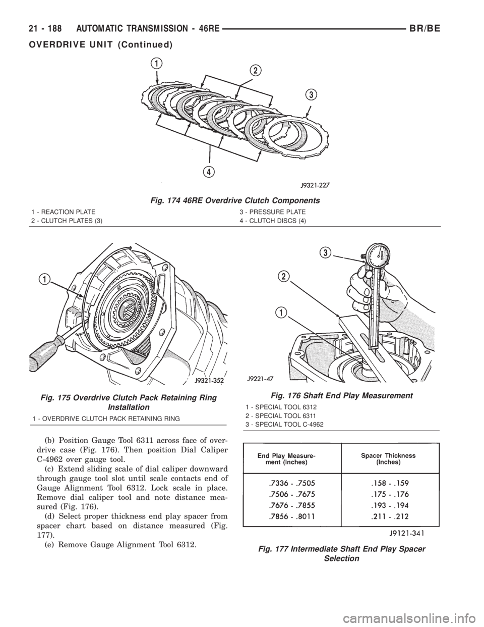 DODGE RAM 2002 Service Repair Manual (b) Position Gauge Tool 6311 across face of over-
drive case (Fig. 176). Then position Dial Caliper
C-4962 over gauge tool.
(c) Extend sliding scale of dial caliper downward
through gauge tool slot un DODGE RAM 2002 Service Repair Manual (b) Position Gauge Tool 6311 across face of over-
drive case (Fig. 176). Then position Dial Caliper
C-4962 over gauge tool.
(c) Extend sliding scale of dial caliper downward
through gauge tool slot un