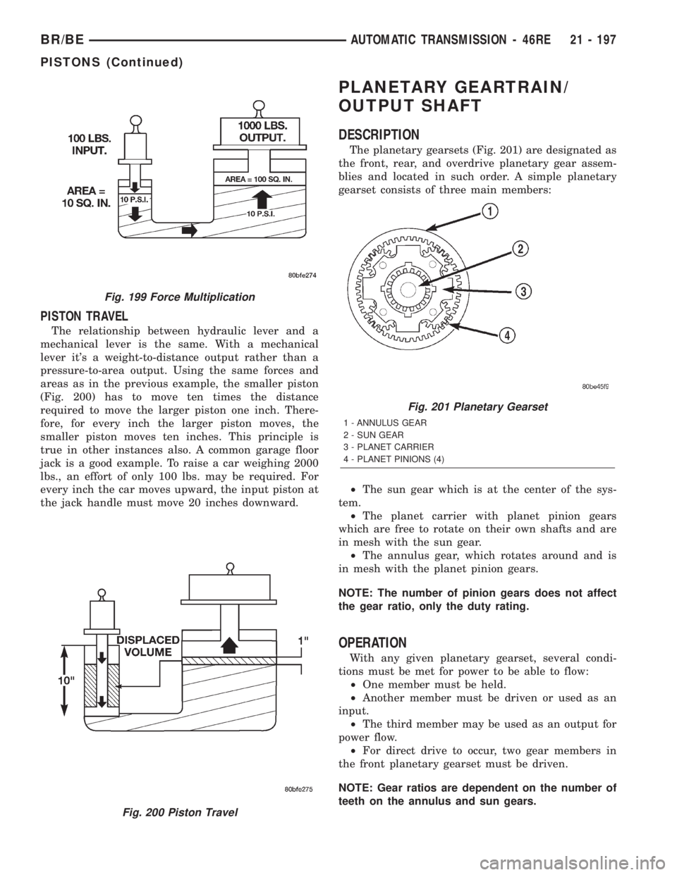 DODGE RAM 2002 Service Repair Manual PISTON TRAVEL
The relationship between hydraulic lever and a
mechanical lever is the same. With a mechanical
lever its a weight-to-distance output rather than a
pressure-to-area output. Using the sam DODGE RAM 2002 Service Repair Manual PISTON TRAVEL
The relationship between hydraulic lever and a
mechanical lever is the same. With a mechanical
lever its a weight-to-distance output rather than a
pressure-to-area output. Using the sam