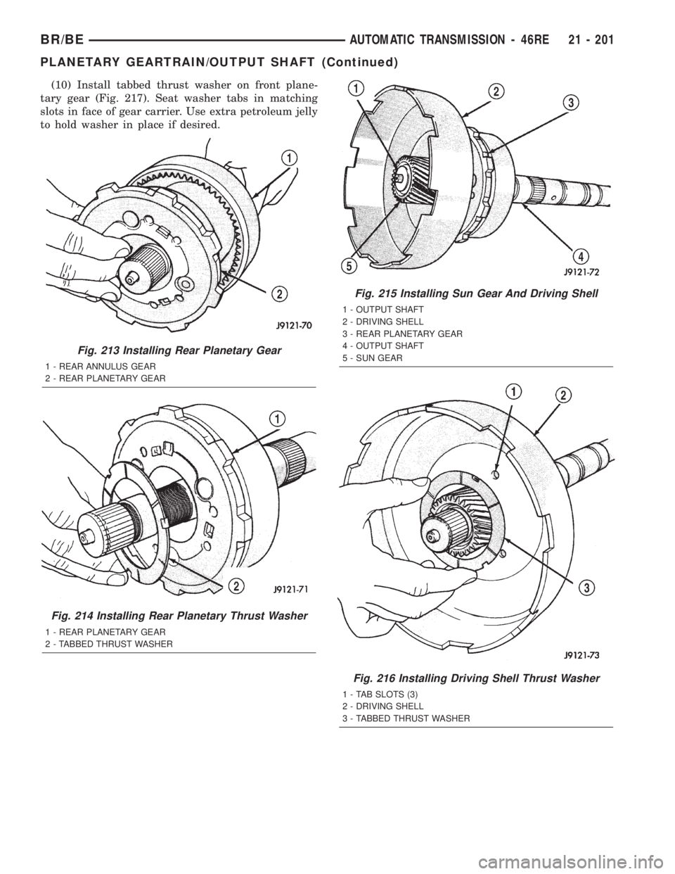 DODGE RAM 2002 Service Repair Manual (10) Install tabbed thrust washer on front plane-
tary gear (Fig. 217). Seat washer tabs in matching
slots in face of gear carrier. Use extra petroleum jelly
to hold washer in place if desired.
Fig. 2 DODGE RAM 2002 Service Repair Manual (10) Install tabbed thrust washer on front plane-
tary gear (Fig. 217). Seat washer tabs in matching
slots in face of gear carrier. Use extra petroleum jelly
to hold washer in place if desired.
Fig. 2