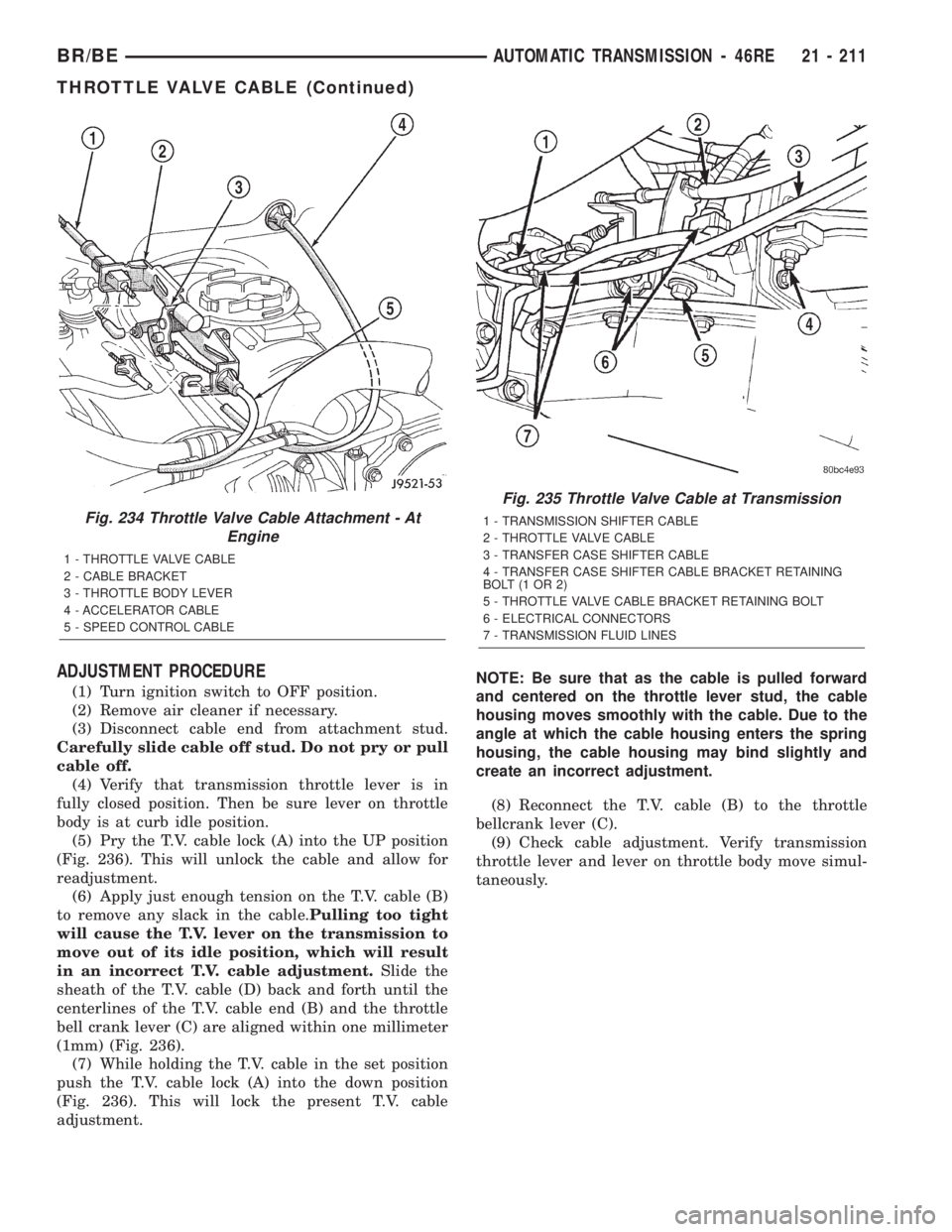DODGE RAM 2002 Service Repair Manual ADJUSTMENT PROCEDURE
(1) Turn ignition switch to OFF position.
(2) Remove air cleaner if necessary.
(3) Disconnect cable end from attachment stud.
Carefully slide cable off stud. Do not pry or pull
ca DODGE RAM 2002 Service Repair Manual ADJUSTMENT PROCEDURE
(1) Turn ignition switch to OFF position.
(2) Remove air cleaner if necessary.
(3) Disconnect cable end from attachment stud.
Carefully slide cable off stud. Do not pry or pull
ca