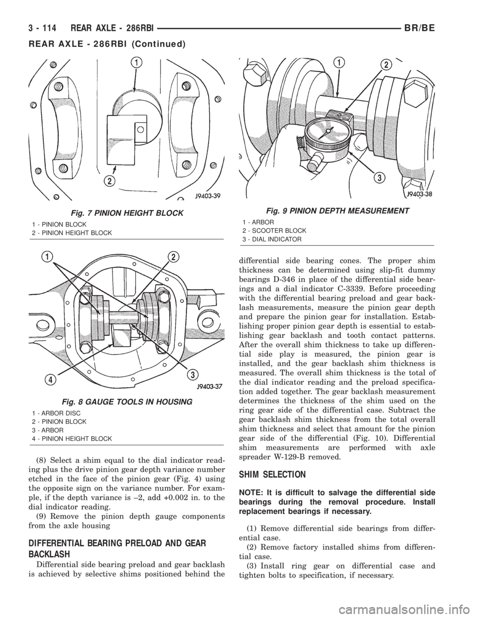 DODGE RAM 2002 Service Owners Manual (8) Select a shim equal to the dial indicator read-
ing plus the drive pinion gear depth variance number
etched in the face of the pinion gear (Fig. 4) using
the opposite sign on the variance number. DODGE RAM 2002 Service Owners Manual (8) Select a shim equal to the dial indicator read-
ing plus the drive pinion gear depth variance number
etched in the face of the pinion gear (Fig. 4) using
the opposite sign on the variance number.