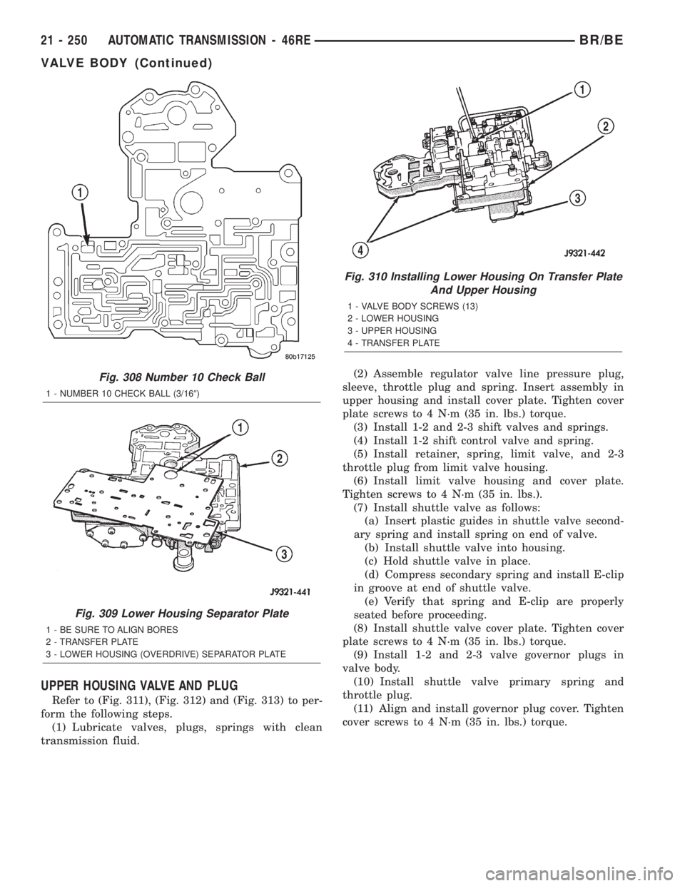 DODGE RAM 2002 Service Repair Manual UPPER HOUSING VALVE AND PLUG
Refer to (Fig. 311), (Fig. 312) and (Fig. 313) to per-
form the following steps.
(1) Lubricate valves, plugs, springs with clean
transmission fluid.(2) Assemble regulator DODGE RAM 2002 Service Repair Manual UPPER HOUSING VALVE AND PLUG
Refer to (Fig. 311), (Fig. 312) and (Fig. 313) to per-
form the following steps.
(1) Lubricate valves, plugs, springs with clean
transmission fluid.(2) Assemble regulator