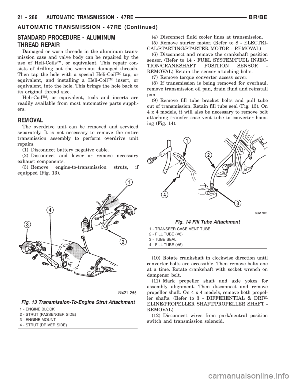 DODGE RAM 2002 Service Repair Manual STANDARD PROCEDURE - ALUMINUM
THREAD REPAIR
Damaged or worn threads in the aluminum trans-
mission case and valve body can be repaired by the
use of Heli-CoilsŸ, or equivalent. This repair con-
sists DODGE RAM 2002 Service Repair Manual STANDARD PROCEDURE - ALUMINUM
THREAD REPAIR
Damaged or worn threads in the aluminum trans-
mission case and valve body can be repaired by the
use of Heli-CoilsŸ, or equivalent. This repair con-
sists