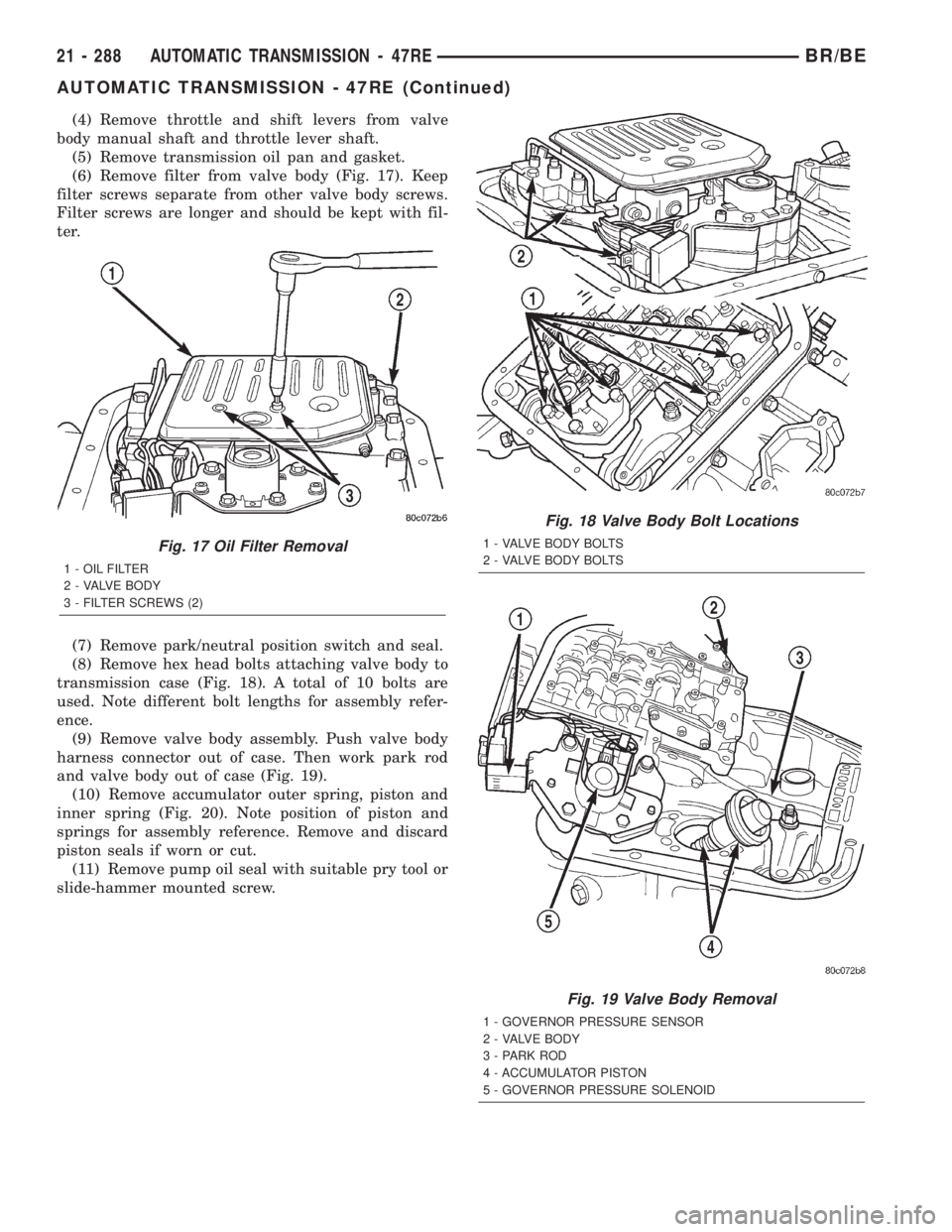 DODGE RAM 2002 Service Repair Manual (4) Remove throttle and shift levers from valve
body manual shaft and throttle lever shaft.
(5) Remove transmission oil pan and gasket.
(6) Remove filter from valve body (Fig. 17). Keep
filter screws DODGE RAM 2002 Service Repair Manual (4) Remove throttle and shift levers from valve
body manual shaft and throttle lever shaft.
(5) Remove transmission oil pan and gasket.
(6) Remove filter from valve body (Fig. 17). Keep
filter screws