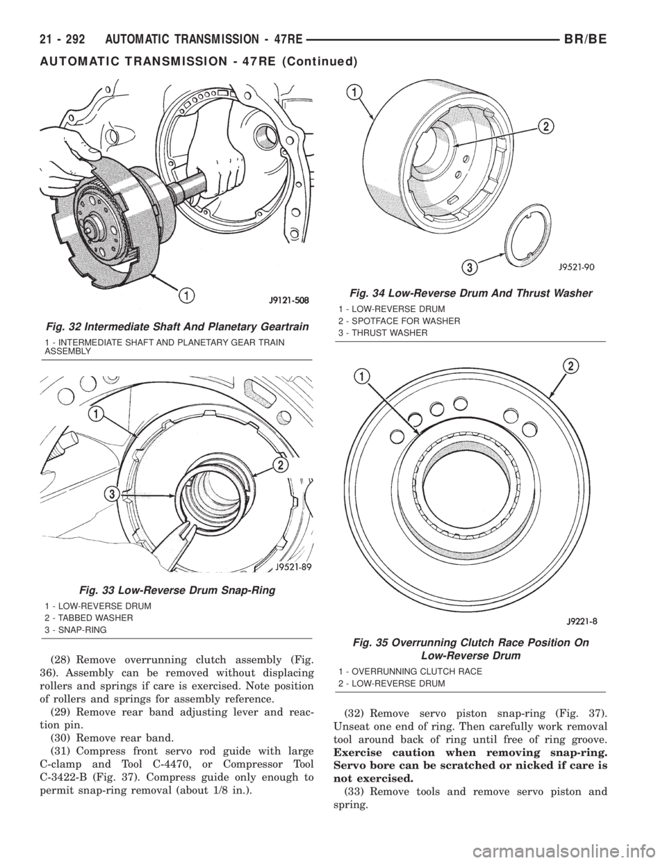 DODGE RAM 2002 Service Repair Manual (28) Remove overrunning clutch assembly (Fig.
36). Assembly can be removed without displacing
rollers and springs if care is exercised. Note position
of rollers and springs for assembly reference.
(29 DODGE RAM 2002 Service Repair Manual (28) Remove overrunning clutch assembly (Fig.
36). Assembly can be removed without displacing
rollers and springs if care is exercised. Note position
of rollers and springs for assembly reference.
(29