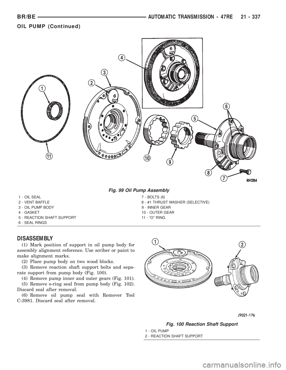 DODGE RAM 2002 Service Repair Manual DISASSEMBLY
(1) Mark position of support in oil pump body for
assembly alignment reference. Use scriber or paint to
make alignment marks.
(2) Place pump body on two wood blocks.
(3) Remove reaction sh DODGE RAM 2002 Service Repair Manual DISASSEMBLY
(1) Mark position of support in oil pump body for
assembly alignment reference. Use scriber or paint to
make alignment marks.
(2) Place pump body on two wood blocks.
(3) Remove reaction sh