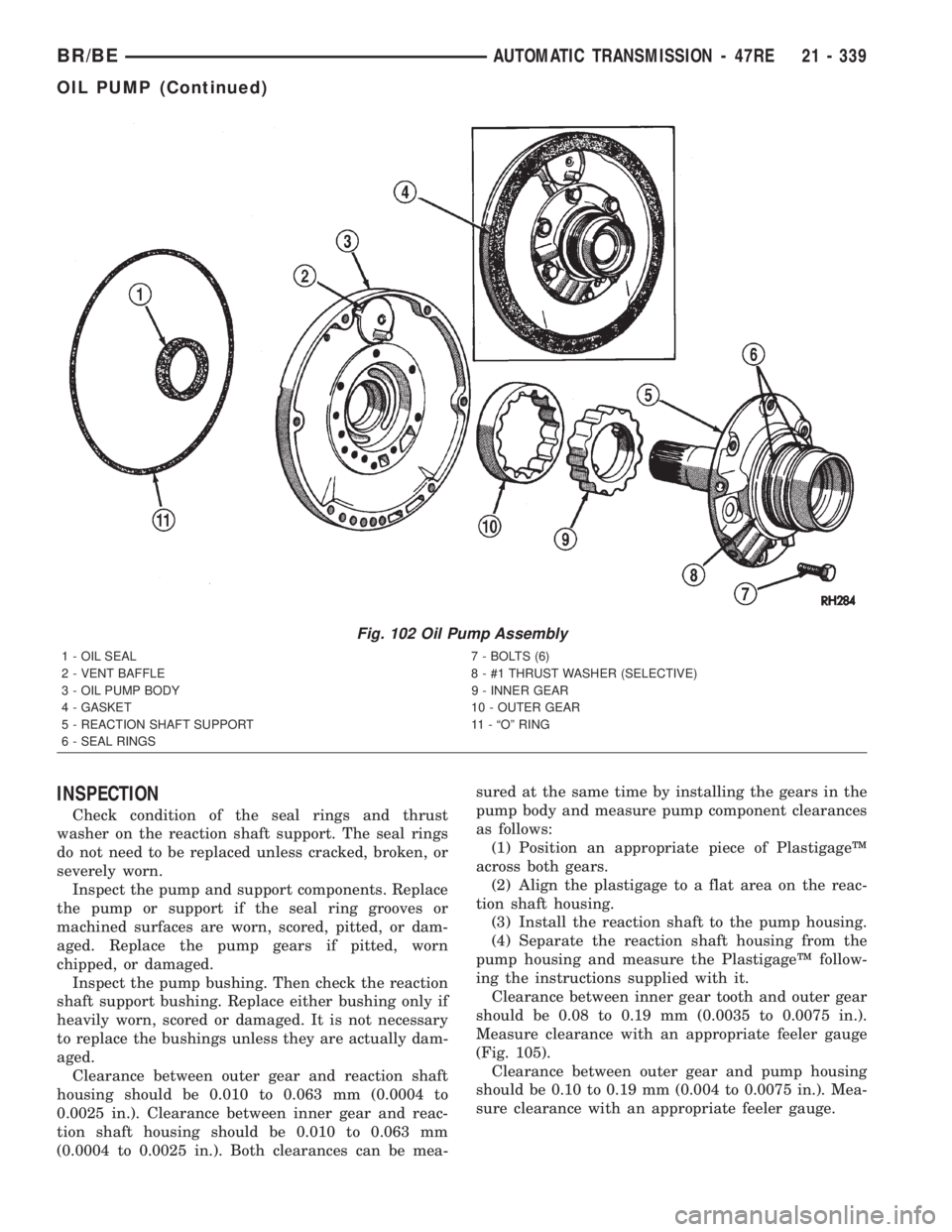 DODGE RAM 2002 Service Repair Manual INSPECTION
Check condition of the seal rings and thrust
washer on the reaction shaft support. The seal rings
do not need to be replaced unless cracked, broken, or
severely worn.
Inspect the pump and s DODGE RAM 2002 Service Repair Manual INSPECTION
Check condition of the seal rings and thrust
washer on the reaction shaft support. The seal rings
do not need to be replaced unless cracked, broken, or
severely worn.
Inspect the pump and s