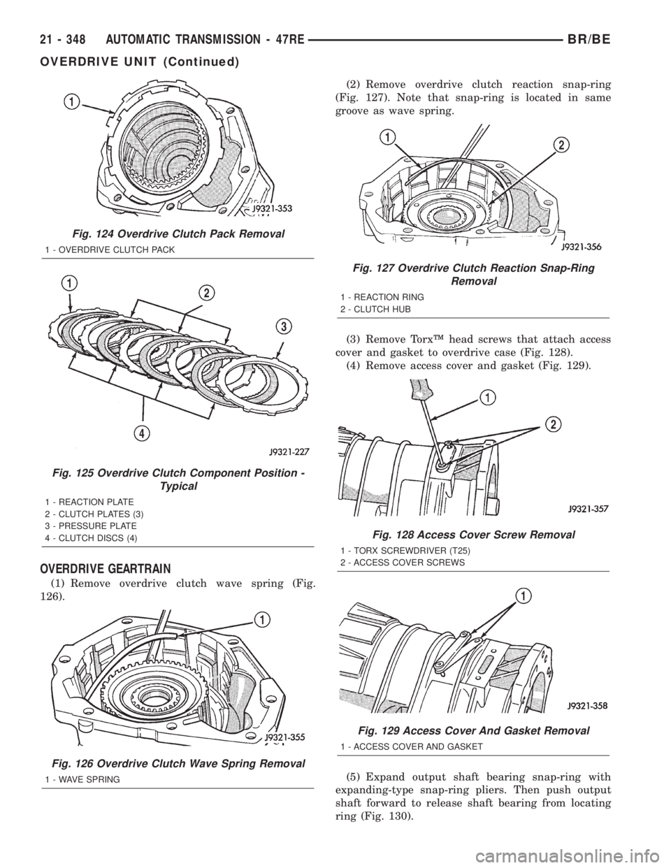DODGE RAM 2002 Service Repair Manual OVERDRIVE GEARTRAIN
(1) Remove overdrive clutch wave spring (Fig.
126).(2) Remove overdrive clutch reaction snap-ring
(Fig. 127). Note that snap-ring is located in same
groove as wave spring.
(3) Remo DODGE RAM 2002 Service Repair Manual OVERDRIVE GEARTRAIN
(1) Remove overdrive clutch wave spring (Fig.
126).(2) Remove overdrive clutch reaction snap-ring
(Fig. 127). Note that snap-ring is located in same
groove as wave spring.
(3) Remo
