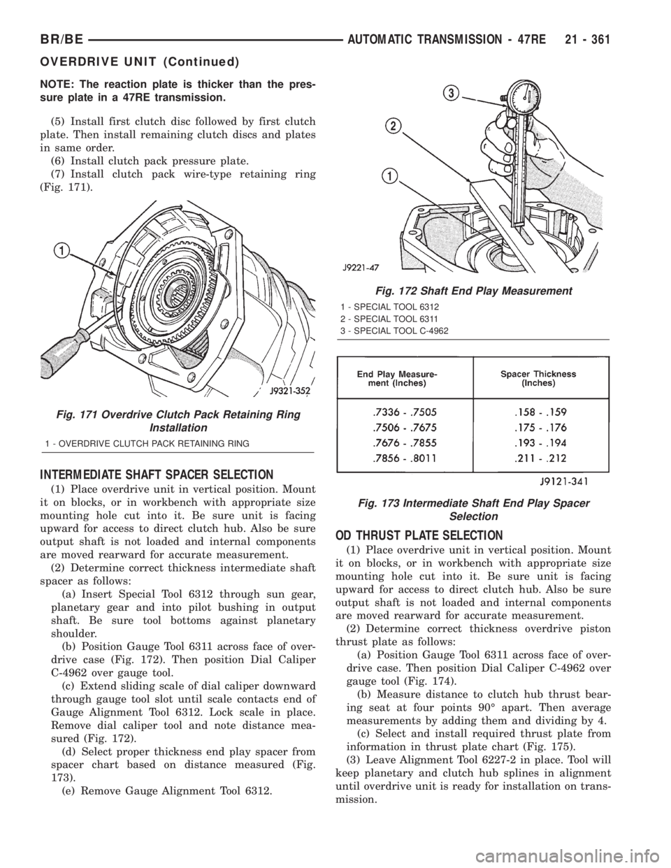 DODGE RAM 2002 Service Repair Manual NOTE: The reaction plate is thicker than the pres-
sure plate in a 47RE transmission.
(5) Install first clutch disc followed by first clutch
plate. Then install remaining clutch discs and plates
in sa DODGE RAM 2002 Service Repair Manual NOTE: The reaction plate is thicker than the pres-
sure plate in a 47RE transmission.
(5) Install first clutch disc followed by first clutch
plate. Then install remaining clutch discs and plates
in sa