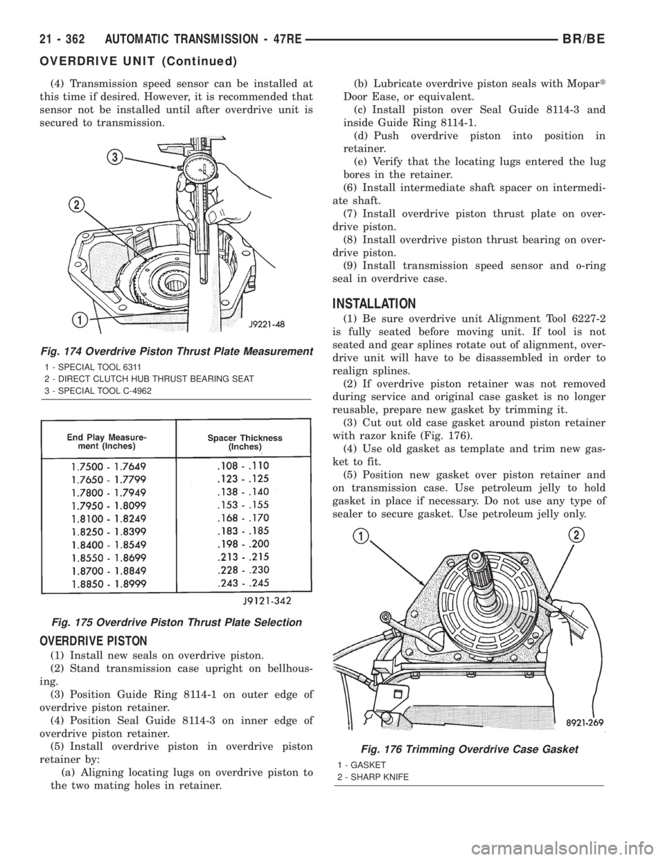 DODGE RAM 2002 Service Repair Manual (4) Transmission speed sensor can be installed at
this time if desired. However, it is recommended that
sensor not be installed until after overdrive unit is
secured to transmission.
OVERDRIVE PISTON
DODGE RAM 2002 Service Repair Manual (4) Transmission speed sensor can be installed at
this time if desired. However, it is recommended that
sensor not be installed until after overdrive unit is
secured to transmission.
OVERDRIVE PISTON