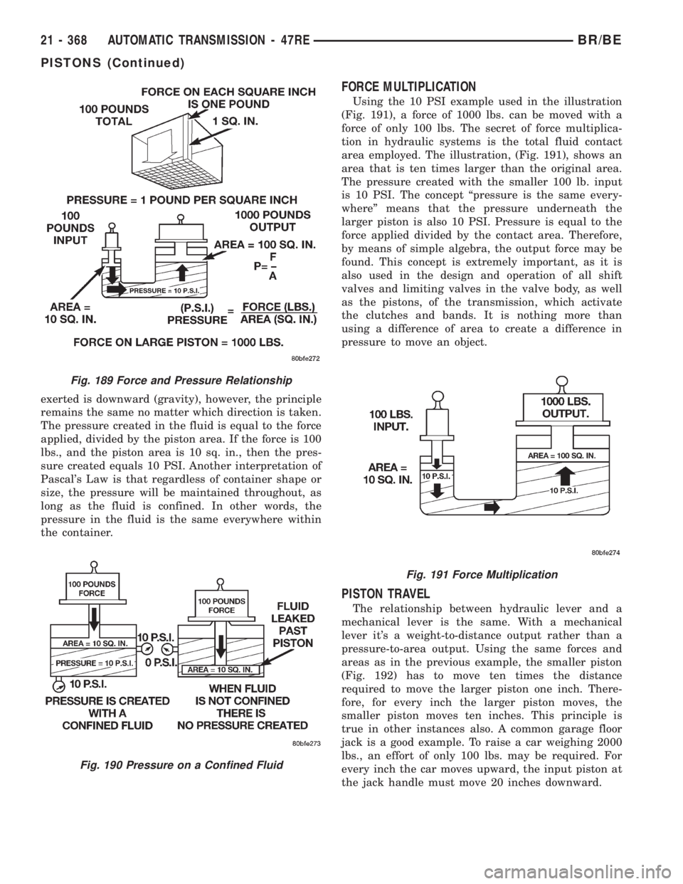 DODGE RAM 2002 Service Repair Manual exerted is downward (gravity), however, the principle
remains the same no matter which direction is taken.
The pressure created in the fluid is equal to the force
applied, divided by the piston area. DODGE RAM 2002 Service Repair Manual exerted is downward (gravity), however, the principle
remains the same no matter which direction is taken.
The pressure created in the fluid is equal to the force
applied, divided by the piston area.