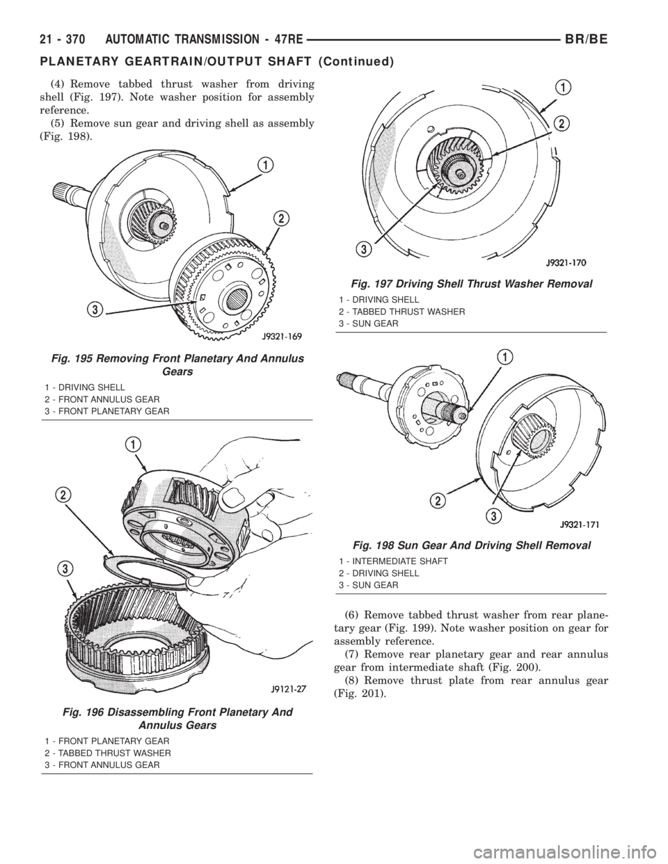 DODGE RAM 2002 Service Repair Manual (4) Remove tabbed thrust washer from driving
shell (Fig. 197). Note washer position for assembly
reference.
(5) Remove sun gear and driving shell as assembly
(Fig. 198).
(6) Remove tabbed thrust washe DODGE RAM 2002 Service Repair Manual (4) Remove tabbed thrust washer from driving
shell (Fig. 197). Note washer position for assembly
reference.
(5) Remove sun gear and driving shell as assembly
(Fig. 198).
(6) Remove tabbed thrust washe