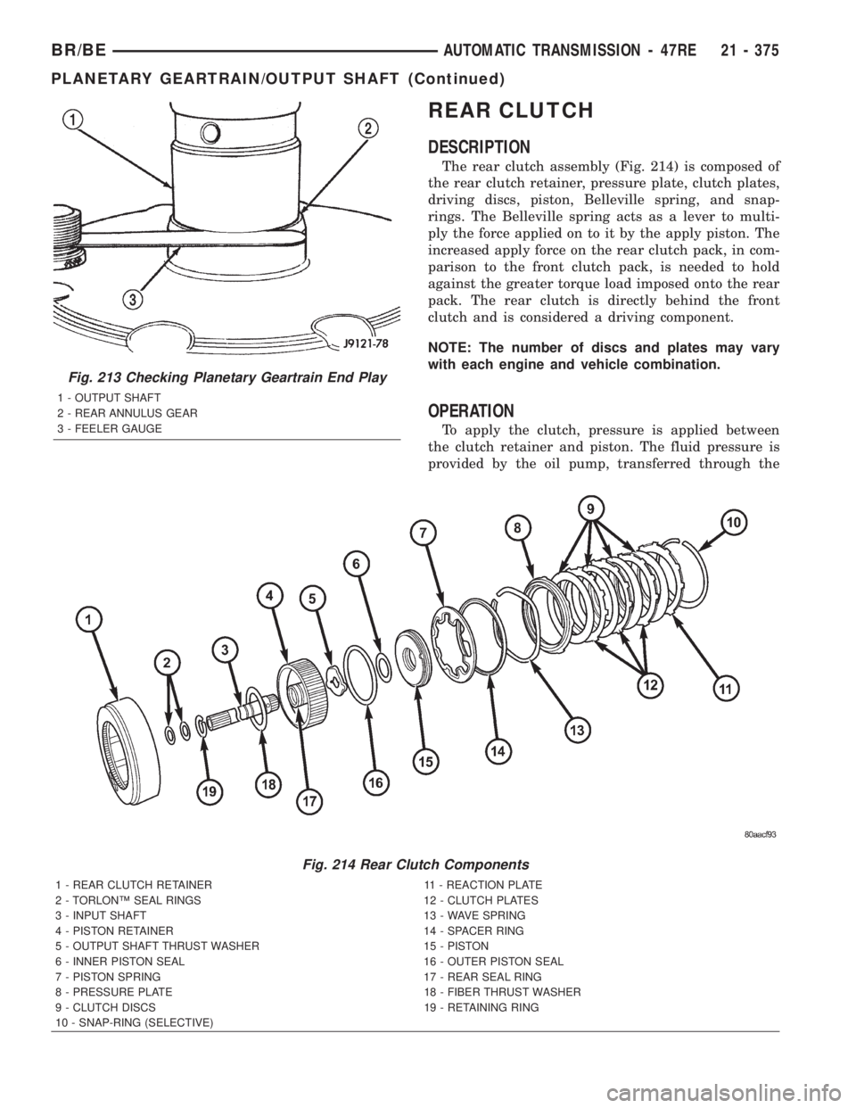 DODGE RAM 2002 Service Repair Manual REAR CLUTCH
DESCRIPTION
The rear clutch assembly (Fig. 214) is composed of
the rear clutch retainer, pressure plate, clutch plates,
driving discs, piston, Belleville spring, and snap-
rings. The Belle DODGE RAM 2002 Service Repair Manual REAR CLUTCH
DESCRIPTION
The rear clutch assembly (Fig. 214) is composed of
the rear clutch retainer, pressure plate, clutch plates,
driving discs, piston, Belleville spring, and snap-
rings. The Belle